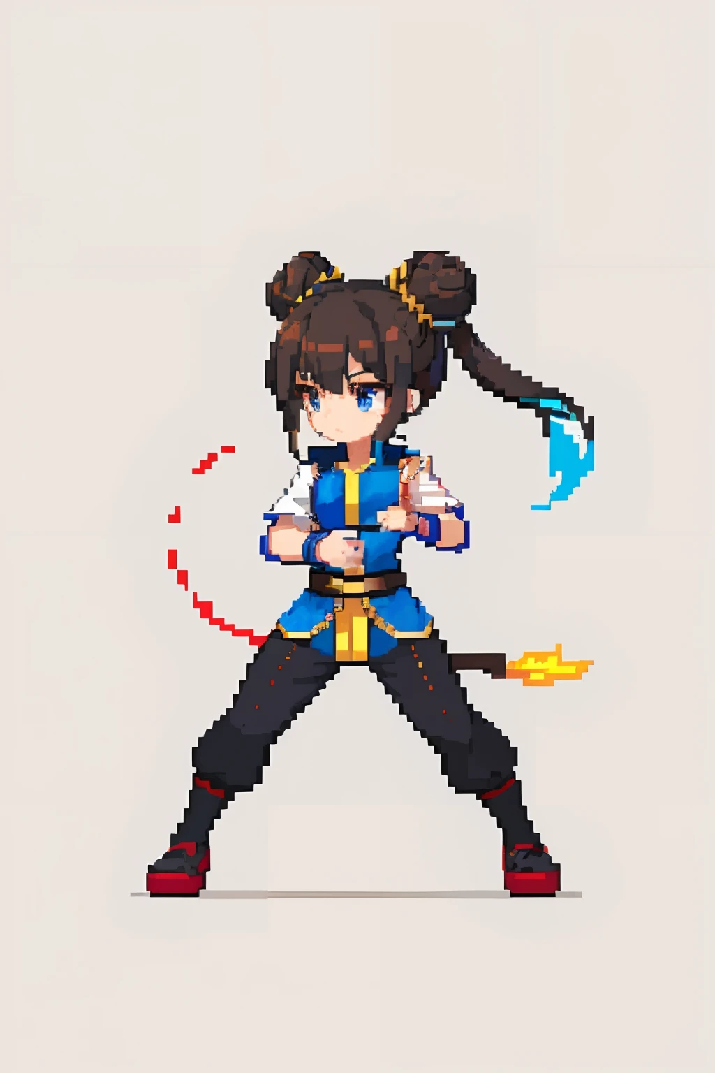 （tmasterpiece，top Quority，best qualtiy），pix，pixelart，teens girl，Positive spirit，Face value，Taoist, Brown hair, black long sword,Tai Chi pattern，Two hair buns，Yin and Yang Taoist，blue hairs，Cloth shoes,jaqueta com capuz, chill out, It has a refined pixel style，It belongs to the game character design，The background color quality is relatively high，There are draft designs on the front and sides of the drawing