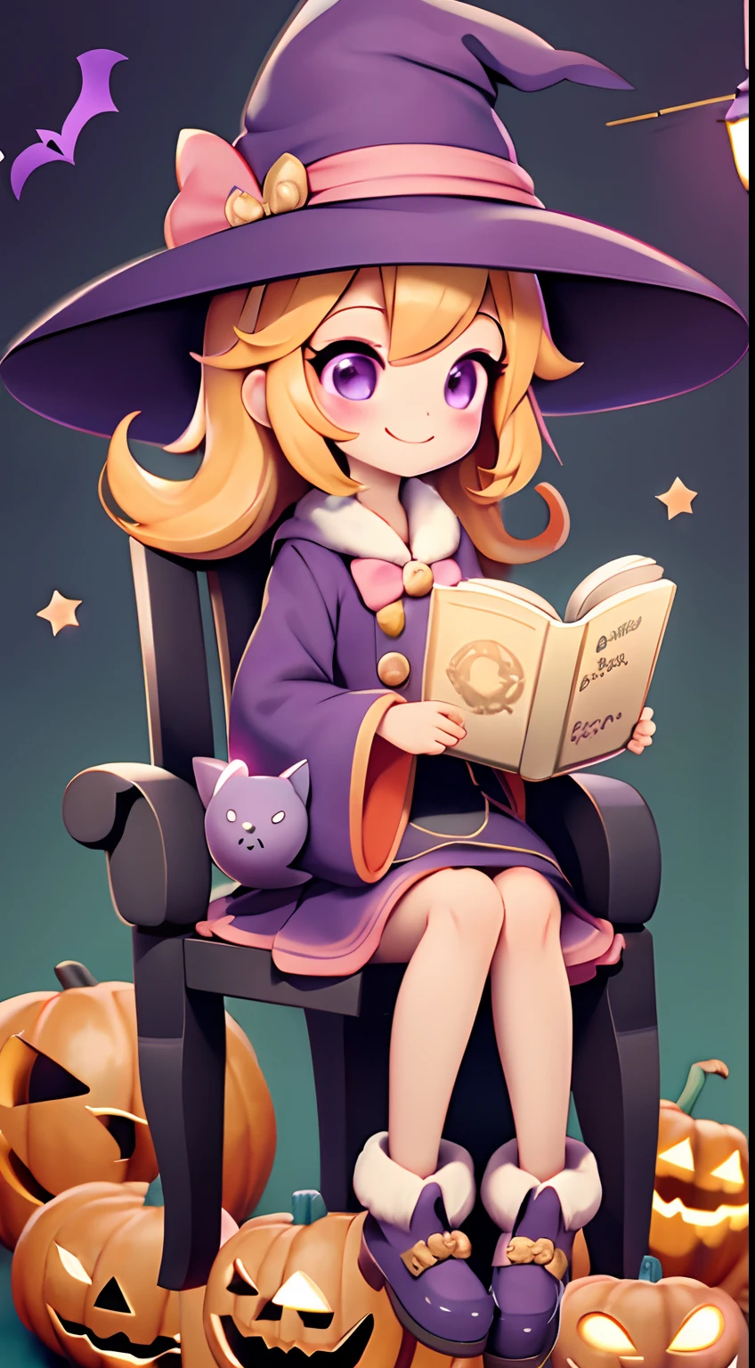 Cute Halloween Theme、full body Esbian、A smile、 The Wand and the Magic Book、Glamorous Hat、Halloween Accessories、Draw clothes buttons and pockets in a Halloween style、Cute shoes、sit a chair、bio luminescent、radiant light