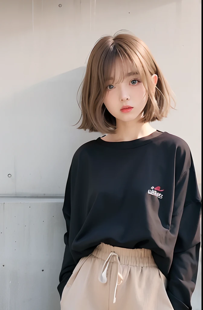 mix4,(top-quality), (Photorealsitic),(Concrete wall background:1.2), 1girl in, The upper part of the body, High Detail Face,, (Very light hair color on the inner)、FujifilmXT3、、Bordeaux、For high-waisted pants in neutral tones such as blue、、Creates a sleek and powerful look (8K)、Less bangs、(shorth hair:1.3)、(Hair with outward ends:1.4)、Wet hair、Sexy face、Delicate and realistic skin and hair、cowboy  shot、Oversized black sweatshirt、(bobhair:1.1)、（Highlight Color:1.3）