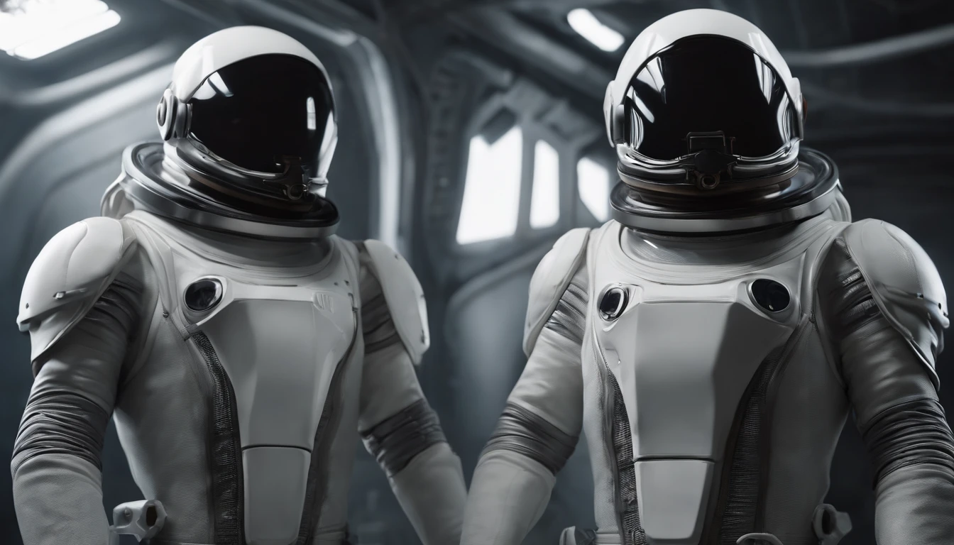 Casual White Shirt, If you have a closed astronaut helmet and no face, perfect details, 16 k, unreal engine 5, ultra sharp focus, intrikate, SINISTER, Epic Art Masterpiece, TanvirTamim, artstation trend, making: artgerm, h. r. giger and beksinski, highly detaild, There are 5 spacesuits listed, 5 spacesuits hanging on hangers