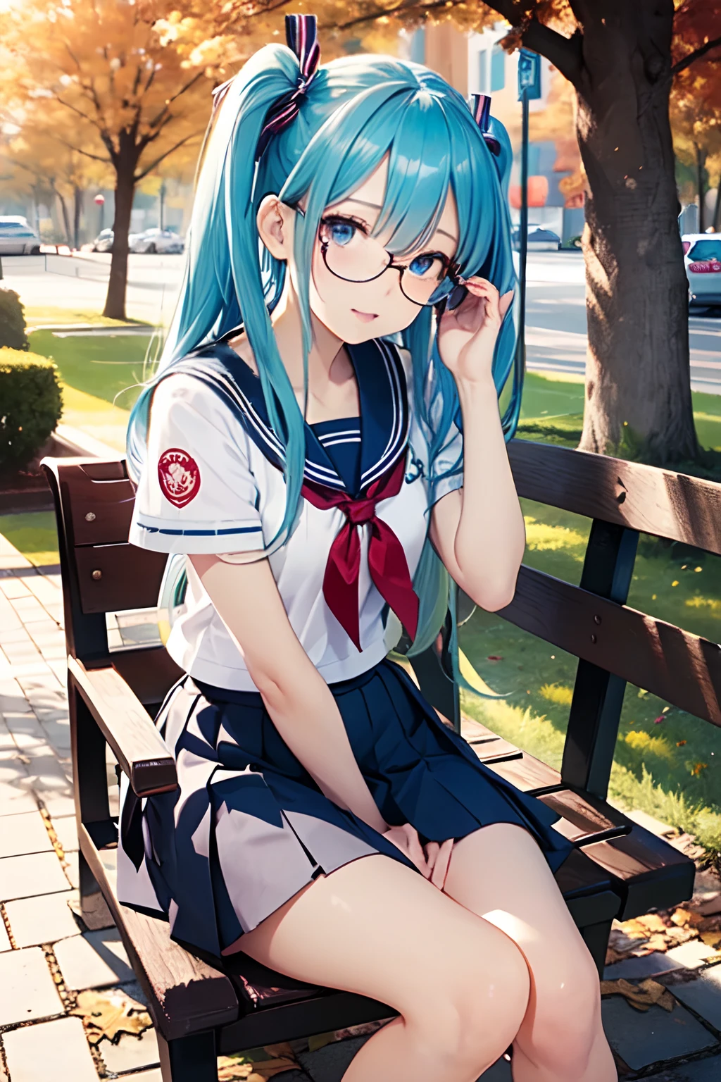 Anime girl with blue hair sitting on a bench in a park - SeaArt AI