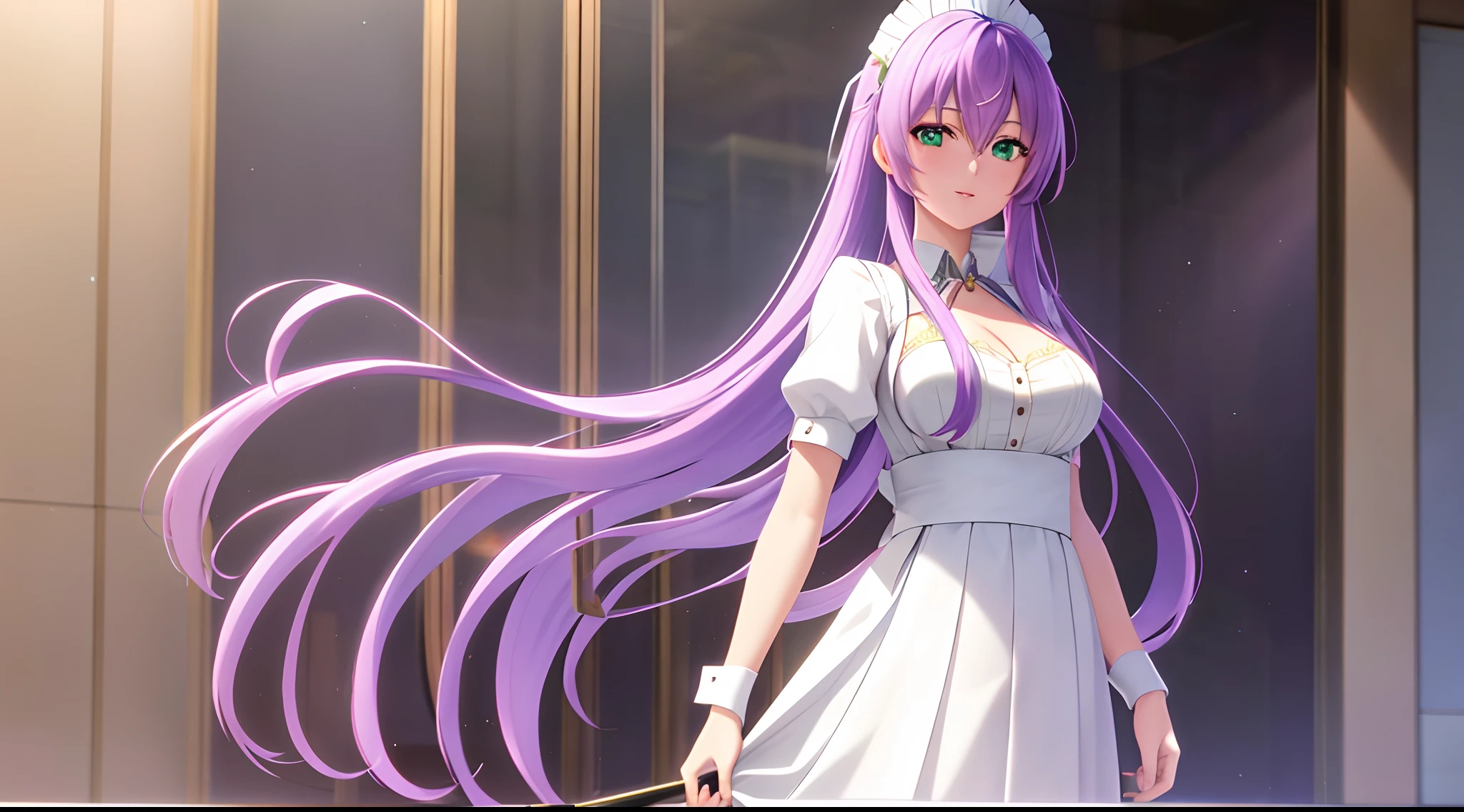 Athena with plain long light purple hair,hair between eyes,green eyes,rosy cheeks,full lips,thin eyebrows,slender body,wearing maid uniform and full long skirt,cute anime girl,full body,restaurant in background,anime style,Lumen Reflections,Screen Space Reflections,Diffraction Grading,Chromatic Aberration,GB Displacement,Scan Lines,Ray Traced,Anti-Aliasing,FXAA,TXAA,RTX,SSAO,Shaders,OpenGL-Shaders, GLSL-Shaders,Post Processing,Post-Production,cell Shading,Tone Mapping,CGI,VFX,SFX,insanely detailed and intricate, 4K,standing, solo, masterpiece, best quality, detailed face, detailed eyes, highres, standing, solo,masterpiece, best quality