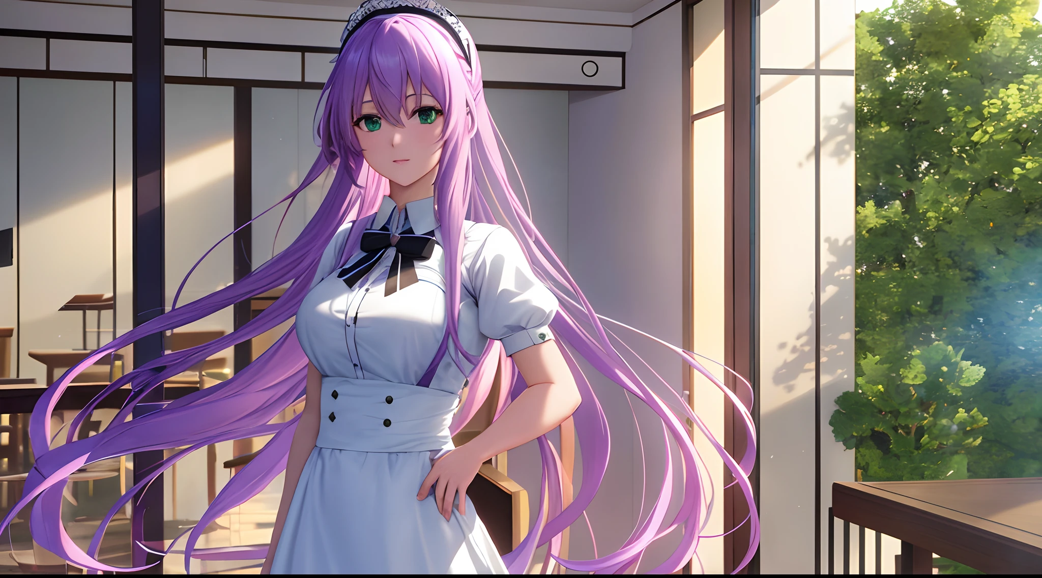 Athena with plain long light purple hair,hair between eyes,green eyes,rosy cheeks,full lips,thin eyebrows,slender body,wearing maid uniform and full long skirt,cute anime girl,full body,restaurant in background,anime style,Lumen Reflections,Screen Space Reflections,Diffraction Grading,Chromatic Aberration,GB Displacement,Scan Lines,Ray Traced,Anti-Aliasing,FXAA,TXAA,RTX,SSAO,Shaders,OpenGL-Shaders, GLSL-Shaders,Post Processing,Post-Production,cell Shading,Tone Mapping,CGI,VFX,SFX,insanely detailed and intricate, 4K,standing, solo, masterpiece, best quality, detailed face, detailed eyes, highres, standing, solo,masterpiece, best quality