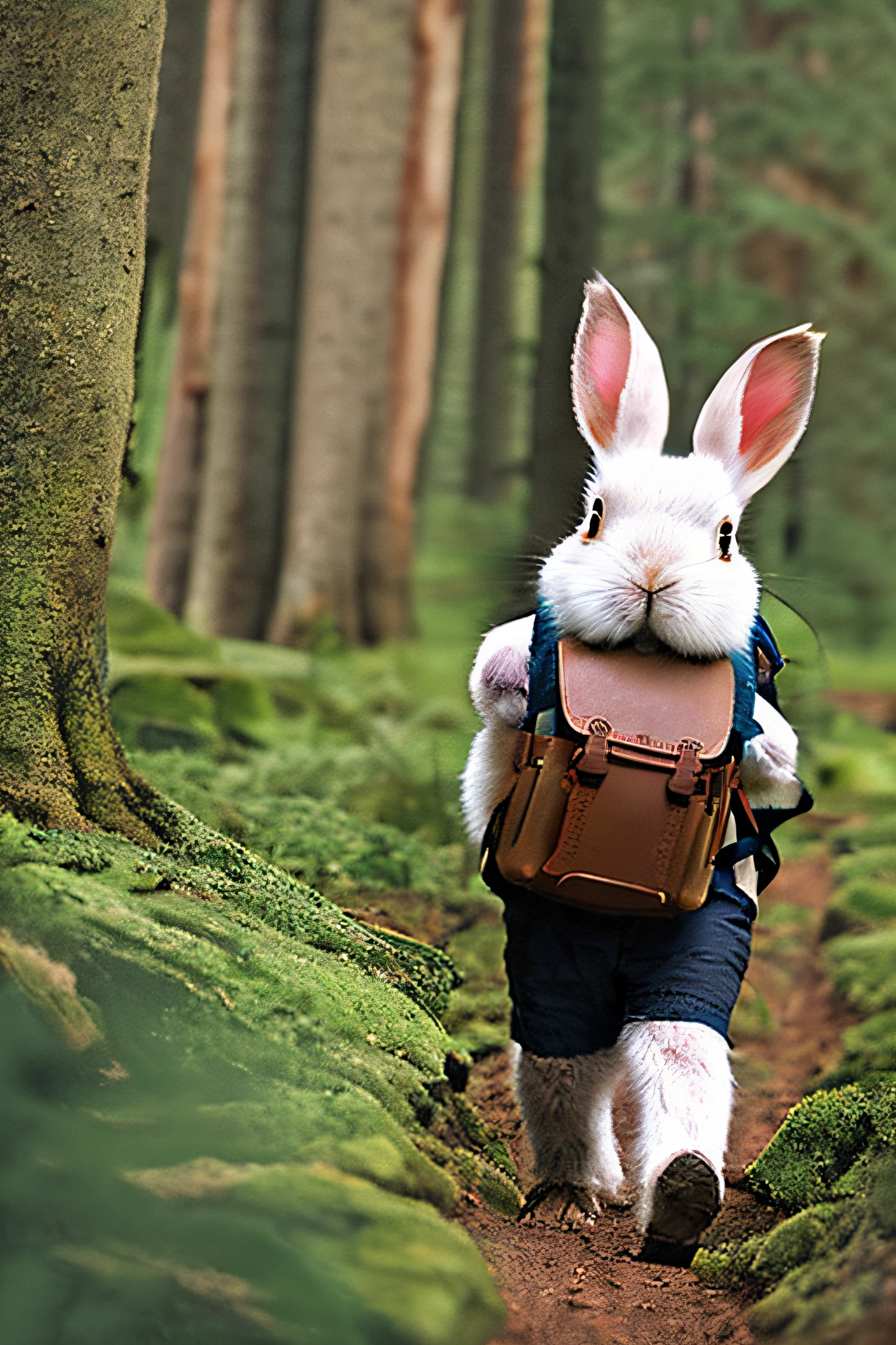 a cute bunny,Watch the map and hike through the forest,Classic negative portrait photo, Fantasy video game character concept art, A cute white fluffy rabbit,((Carrying a small brown leather backpack)),Take a look at the hiking map through the forest, centre, Rule of thirds
