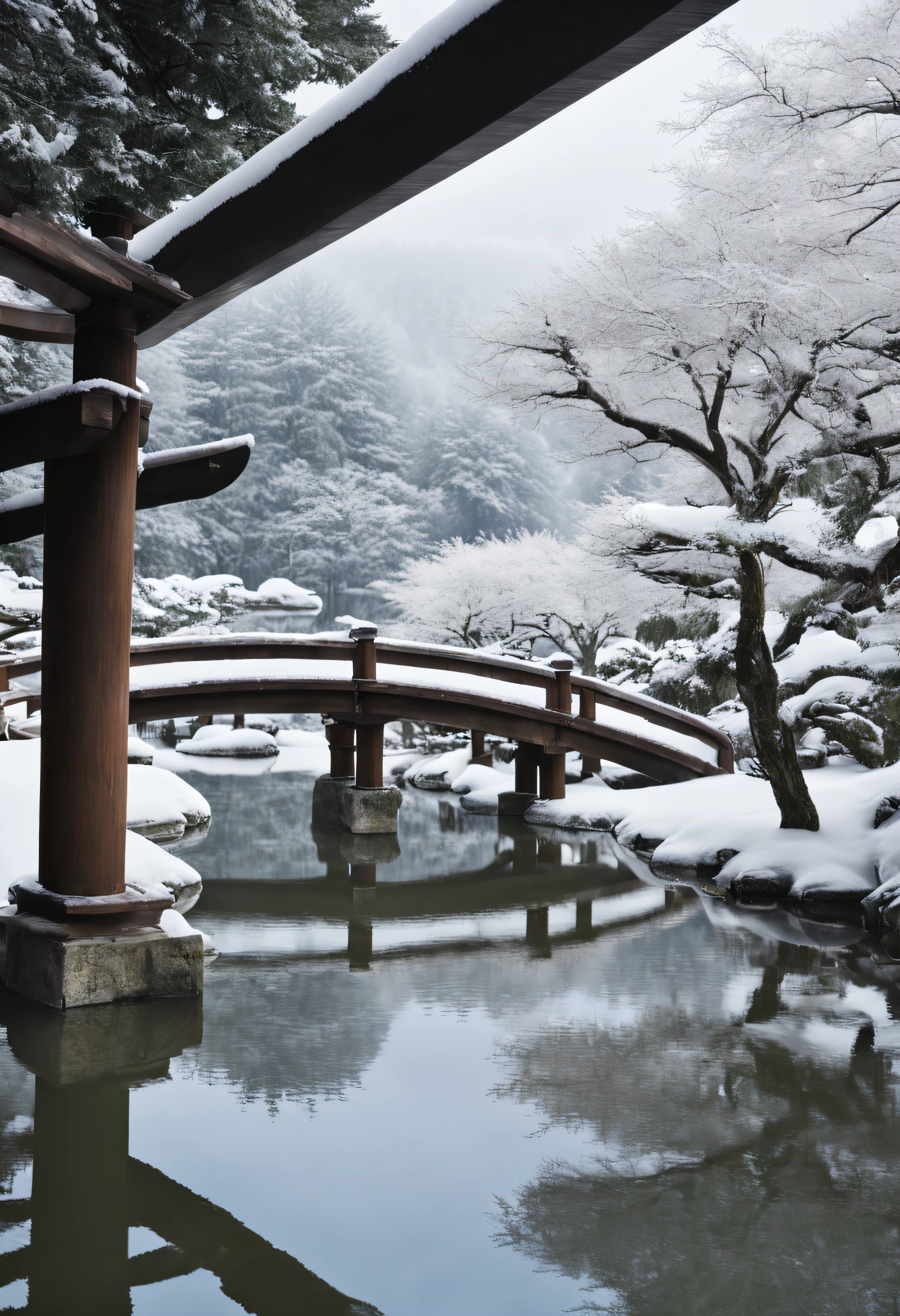 Live Action、very real、Japanese garden、yuki、the crystal clear pond、snow blowing