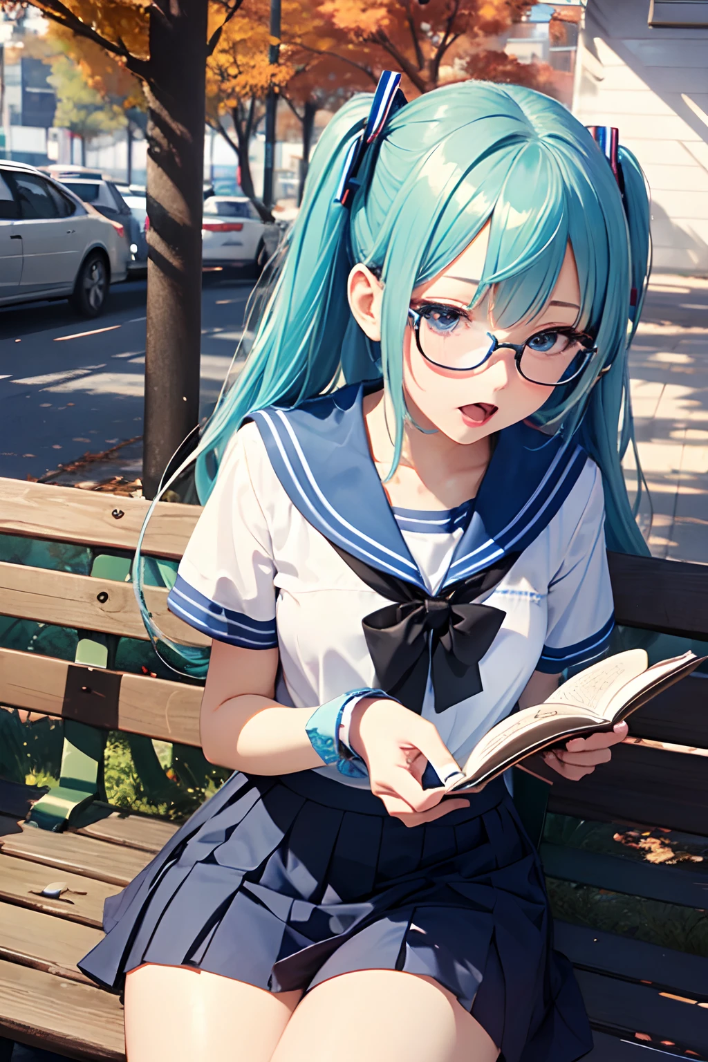 Cross-eyed、Drunk、Turned、( Silly / Sexual ecstasy)、Turned、eye glass、top-quality, Photorealistic, An ultra-fine illustrations, beautiful attractive anime girl, miku hatsune, Slender body, Tied hair, Full body shot, Beautiful blue eyes, Turned, Autumn, Sailor Suit, Black pleated skirt, uniform, Park, Sitting on a bench, Reading, Detailed background