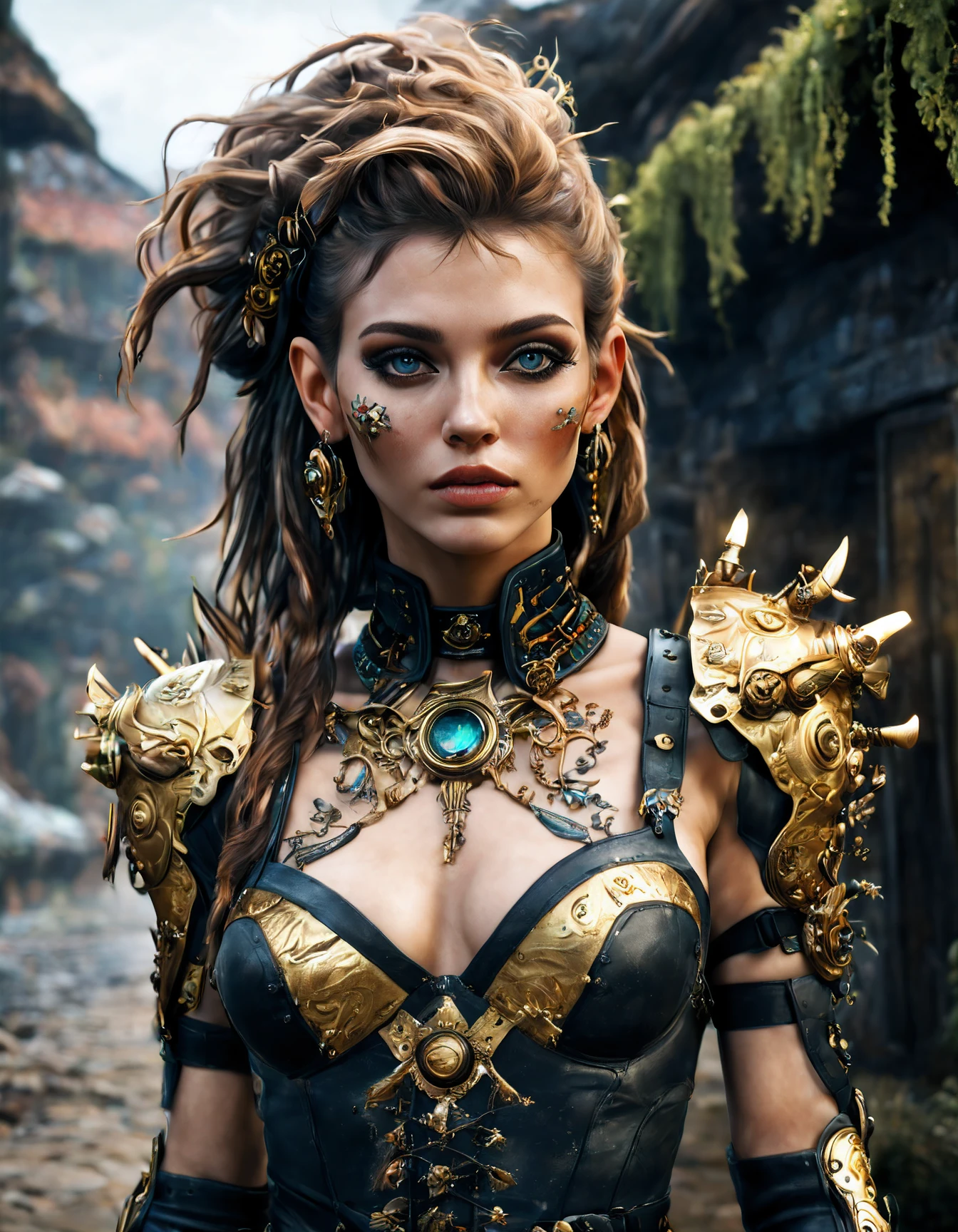 (Aetherpunk style:1.4), 8k, ultra quality , nature, pagan imagery, Steampunk girl, gold detailed, utopia, magic, neon detailed, beasts, mages, outdoors, amazing scenery, (highly detailed:1.2), (ultra realism:1.2), realistic, detailed, textured, skin, hair, eyes, by Alex Huguet, Mike Hill, Ian Spriggs, JaeCheol Park, Marek Denko,