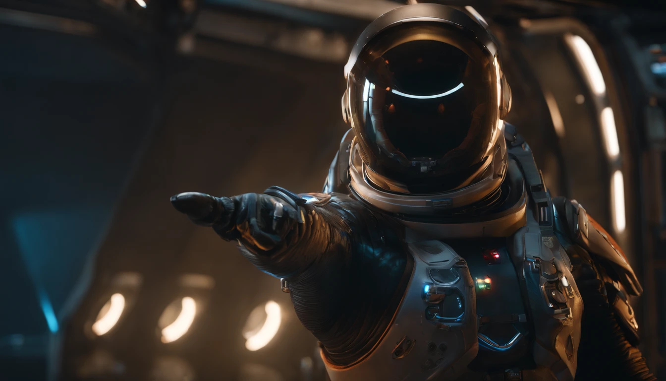 perfect details, 16 k, unreal engine 5, ultra sharp focus, intrikate, SINISTER, Epic Art Masterpiece, TanvirTamim, artstation trend, highly detaild, The surprised look of a man, Pointing a finger at a spacesuit, Stripped Space Suit