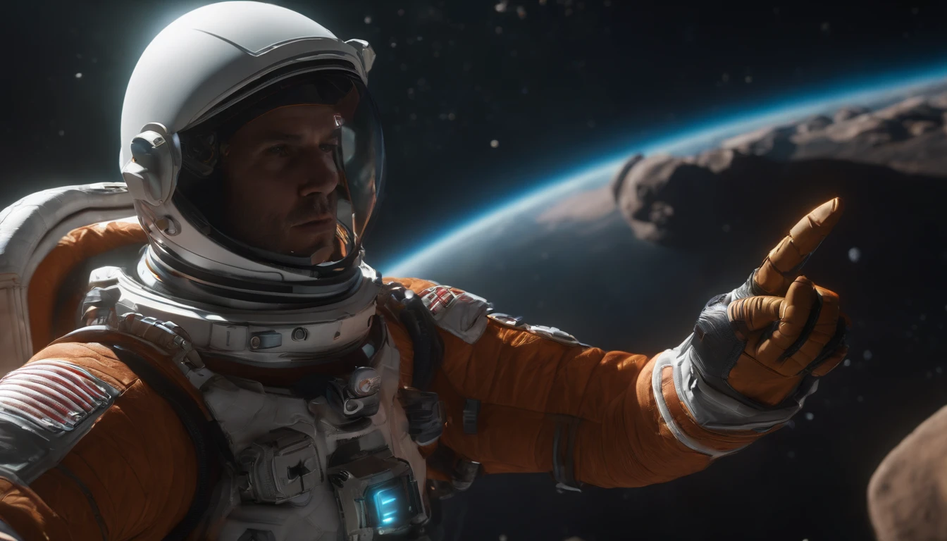 perfect details, 16 k, unreal engine 5, ultra sharp focus, intrikate, SINISTER, Epic Art Masterpiece, TanvirTamim, artstation trend, highly detaild, The surprised look of a man, Pointing a finger at a spacesuit, Stripped Space Suit