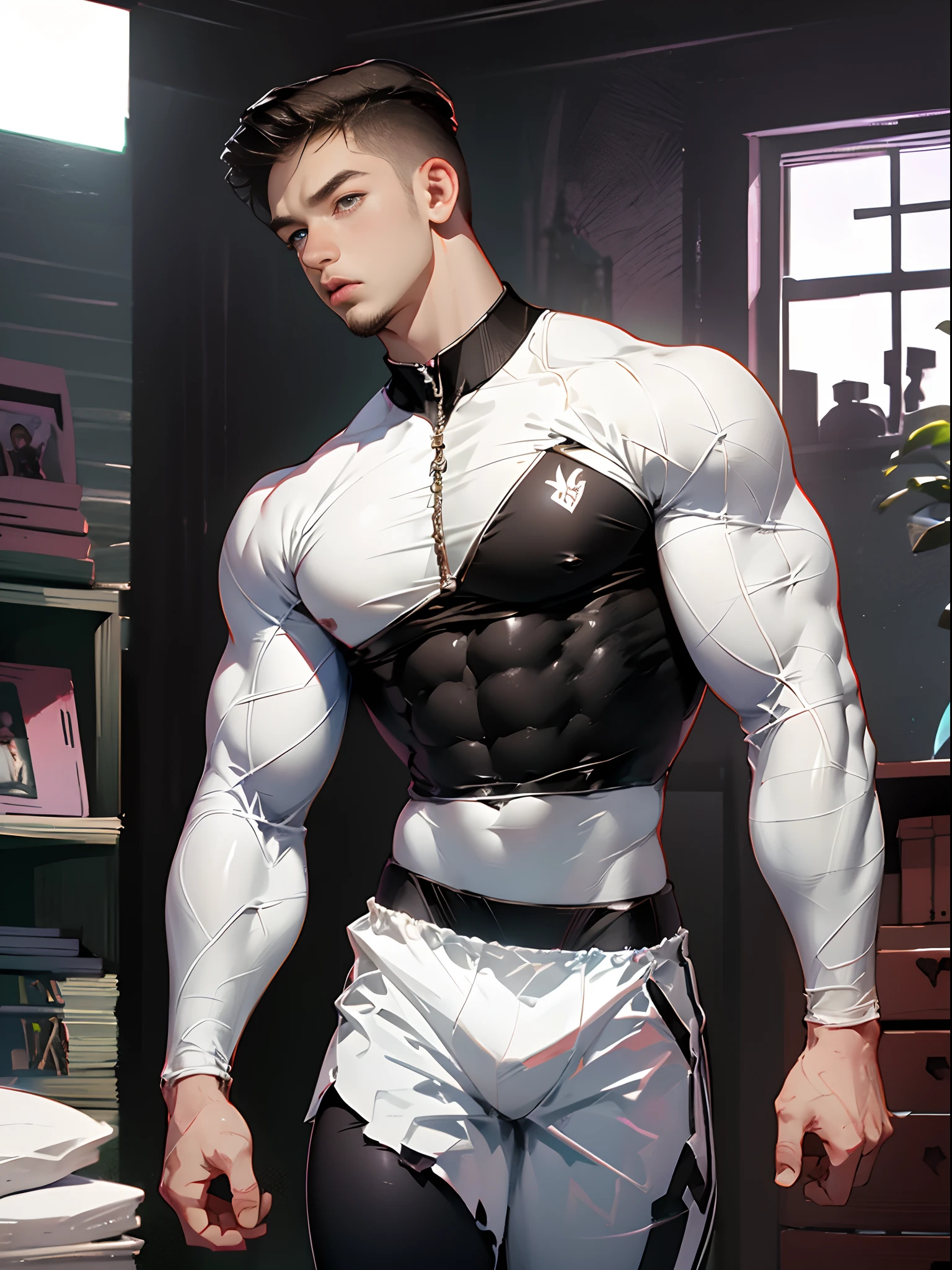 giant macro man growth hot tall muscular teen in room growing too big for room