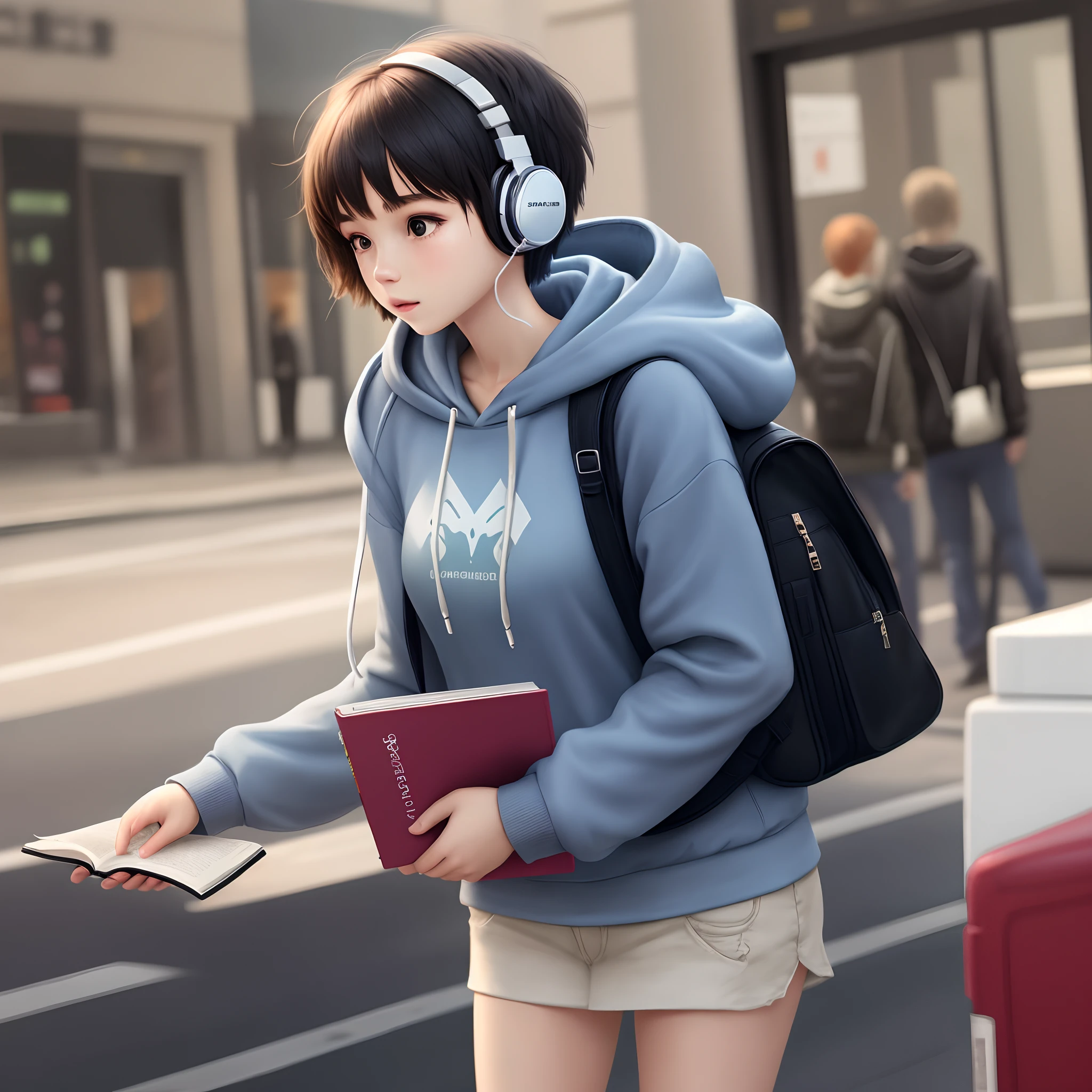 girl with short hair wearing headphones carrying a book wearing a hoodie