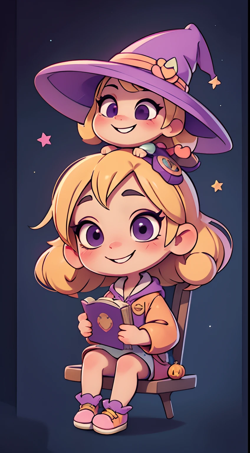 Cute Halloween Theme、full body Esbian、A smile、 The Wand and the Magic Book、Glamorous Hat、Halloween Accessories、Draw clothes buttons and pockets in a Halloween style、Cute shoes、sit a chair、bio luminescent、radiant light
