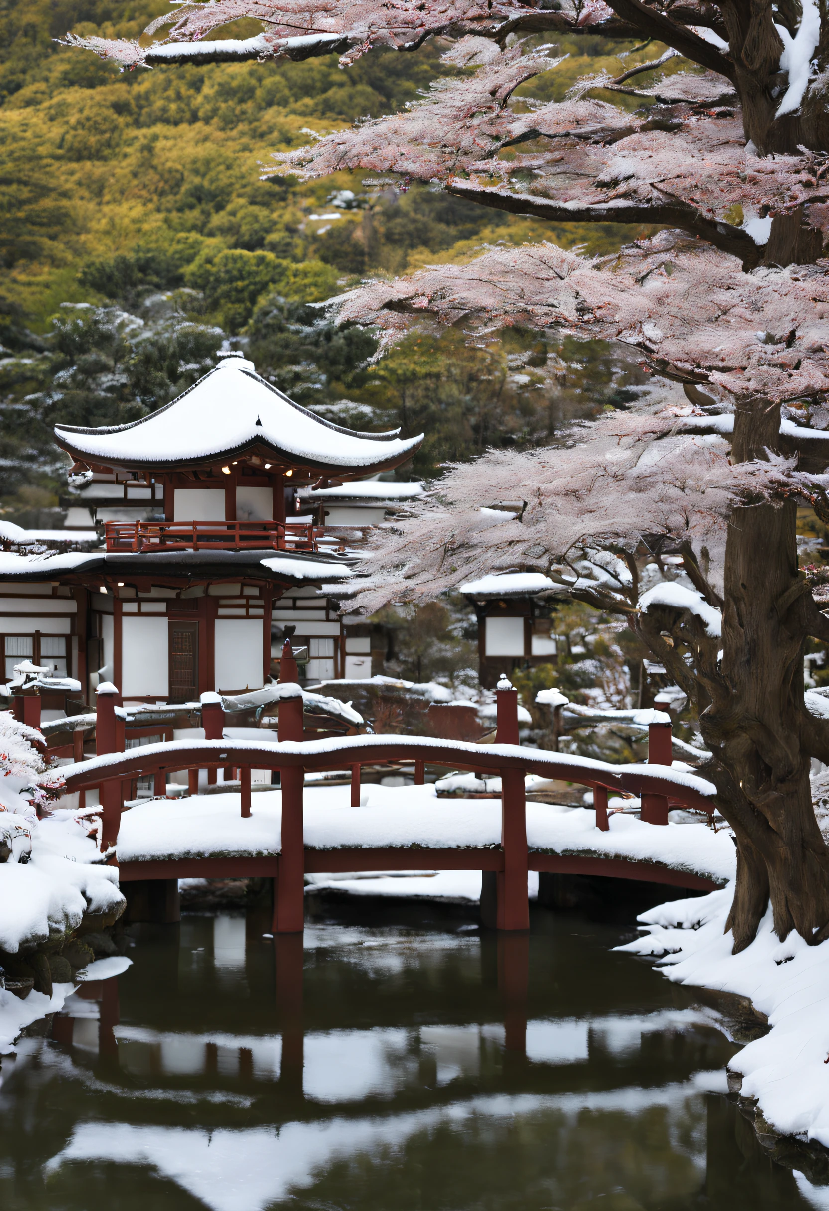 Live Action、very real、Japanese garden、yuki、the crystal clear pond、snow blowing
