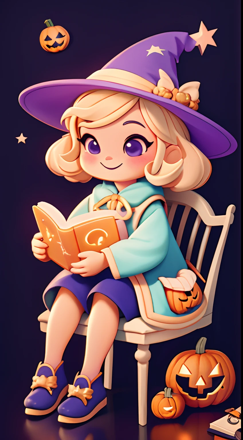 Cute Halloween Theme、full body Esbian、A smile、 The Wand and the Magic Book、Glamorous Hat、Halloween Accessories、Draw clothes buttons and pockets in a Halloween style、Cute shoes、sit a chair、bio luminescent、radiant light