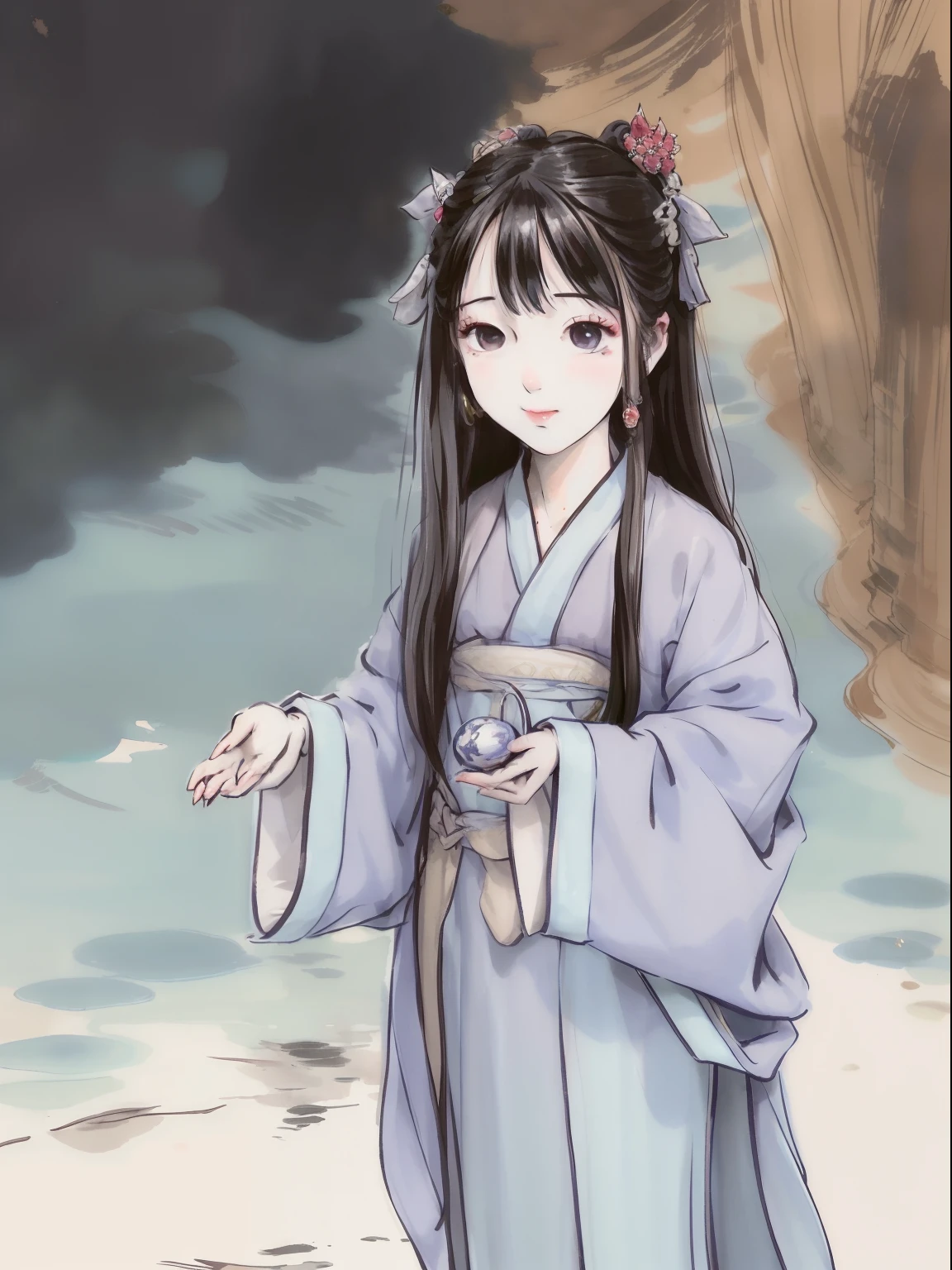 ((4k,masterpiece,best quality)), shuimobysim, traditional chinese ink painting, lotus, hanfu, maxiskit, dress conservatively
1girl, solo, long blue hair, smile, standing, feet in the water, barefoot,