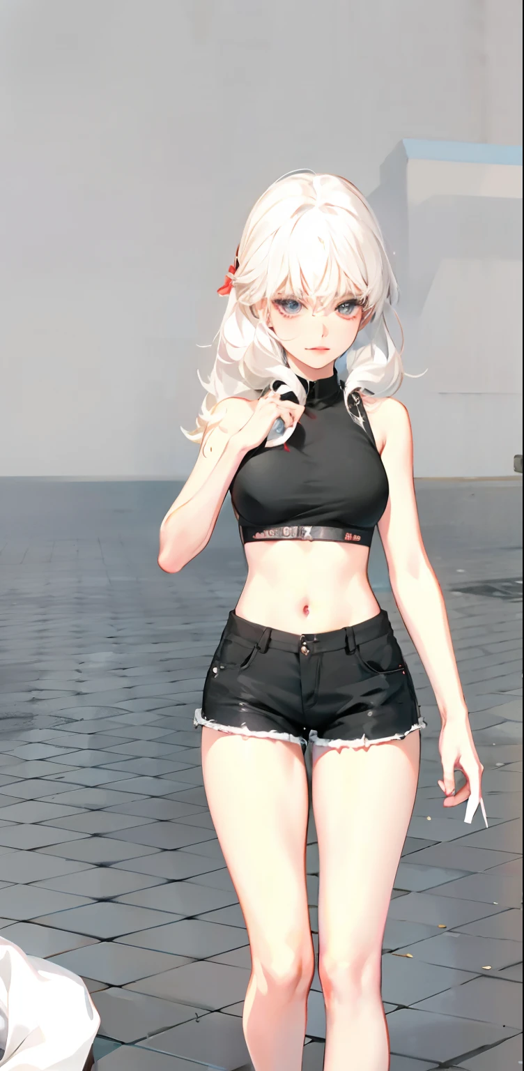 anime girl with white hair and black pants posing for a picture, seductive anime girl, casual pose, smooth anime cg art, thicc, perfect white haired girl, attractive anime girl, anime girl, female anime character, (anime girl), girl with white hair, anime character, girl with short white hair, anime woman, tifa lockhart with white hair, digital anime art