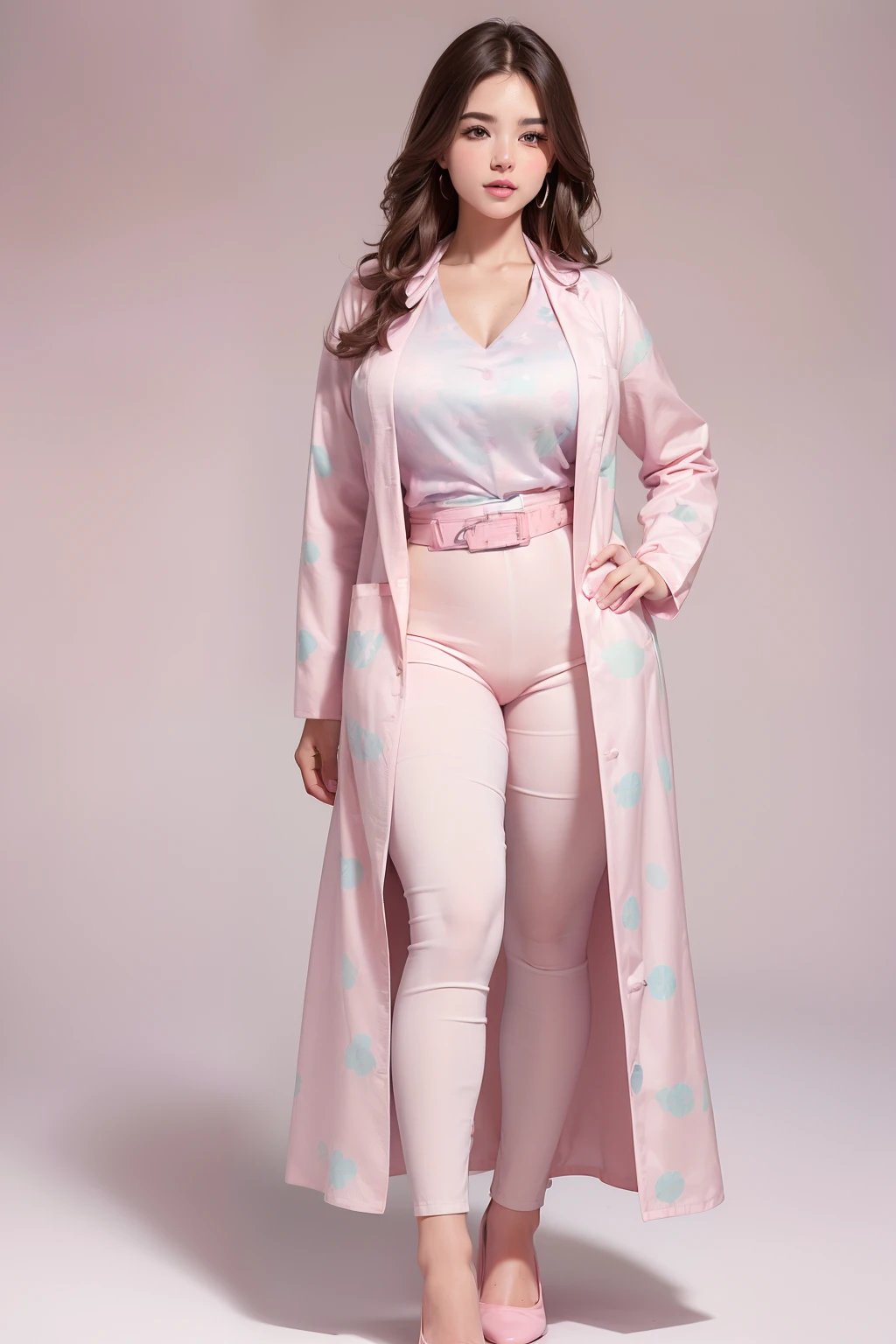 ((masterpiece, best quality, ultra-detailed, ultra-HD, photorealistic, cinematic)), (wide camera shot, full body view:1.5), (sensual pose:1.4), (alluring and voluptuous female as a pediatrician, 28 years old), (perfect anatomy, perfect face, large cleavage, proportioned hands), (long, wavy brown hair:1.3), (wearing a pastel pink medical lab coat over a playful printed blouse:1.4), ((dynamic background))