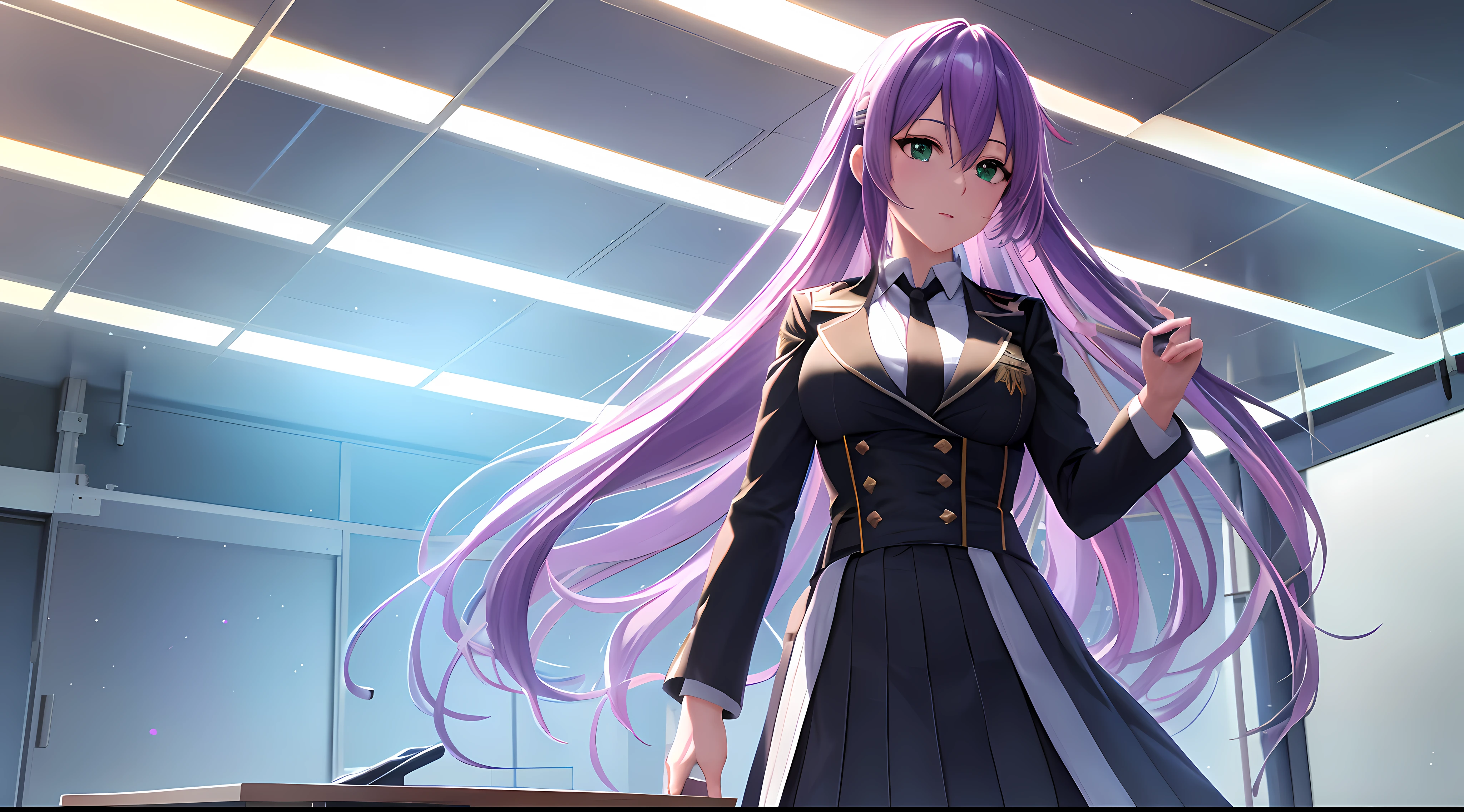 Athena with plain long light purple hair,hair between eyes,green eyes,rosy cheeks,full lips,thin eyebrows,slender body,wearing black coat necktie and full long skirt,cute anime girl,full body,classroom in background,anime style,Lumen Reflections,Screen Space Reflections,Diffraction Grading,Chromatic Aberration,GB Displacement,Scan Lines,Ray Traced,Anti-Aliasing,FXAA,TXAA,RTX,SSAO,Shaders,OpenGL-Shaders, GLSL-Shaders,Post Processing,Post-Production,cell Shading,Tone Mapping,CGI,VFX,SFX,insanely detailed and intricate, 4K,standing, solo, masterpiece, best quality, detailed face, detailed eyes, highres, standing, solo,masterpiece, best quality