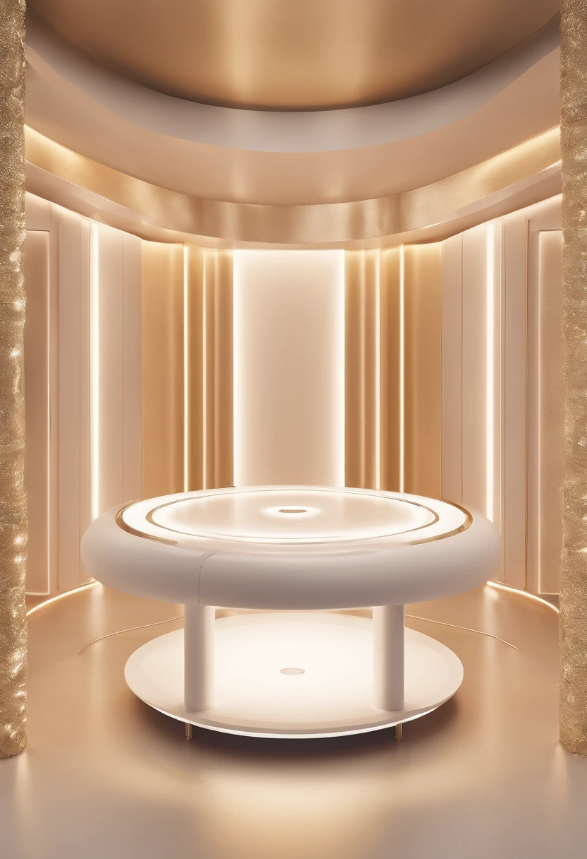 Minimalist beauty device stage design,peacful,Stage focus,commerciaphotography,light gold,Fresh and light colors,A single product stage is placed in the middle of the social media product scenario app,Digital environment,C4D Octane Render and BlenderStudio lighting are of high quality,Ultra HD 32KUHD