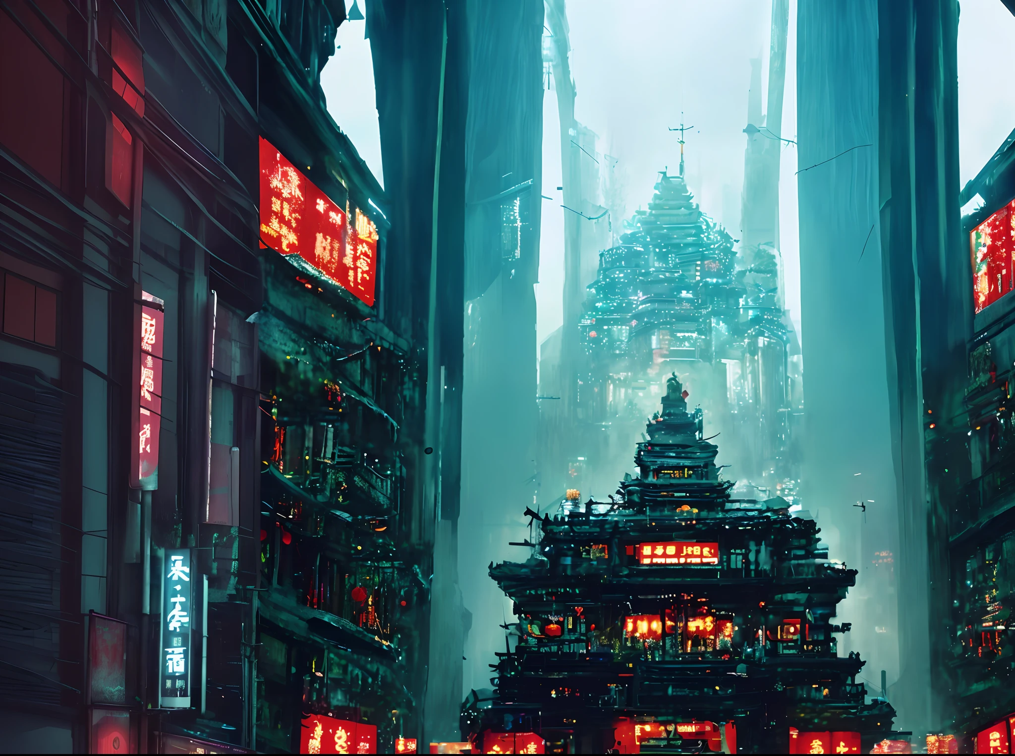 In the center of the city there is a large building with neon signs, Cyberpunk temple, cyberpunk japanese temple, cyberpunk chinese ancient castle, huge futuristic temple city, ancient cyberpunk 8k resolution, hyper realistic cyberpunk city, china town blade runner, arstation and beeple highly, in a futuristic cyberpunk city, cyberpunk cathedral, 3 d render beeple, beautiful cyberpunk city