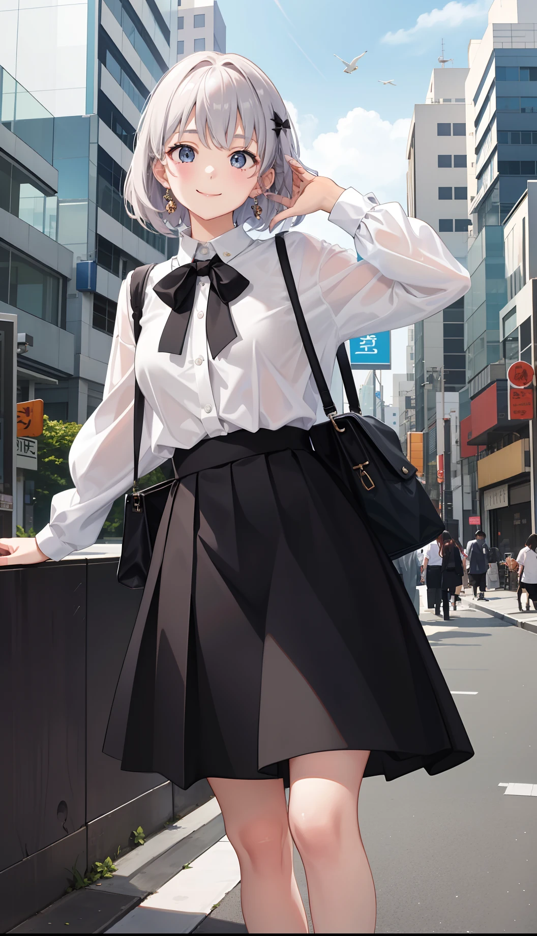 1girl in、A smile、The shirt、Blouse、(paler)skirt by the、(small tits)Chilarism、movement、