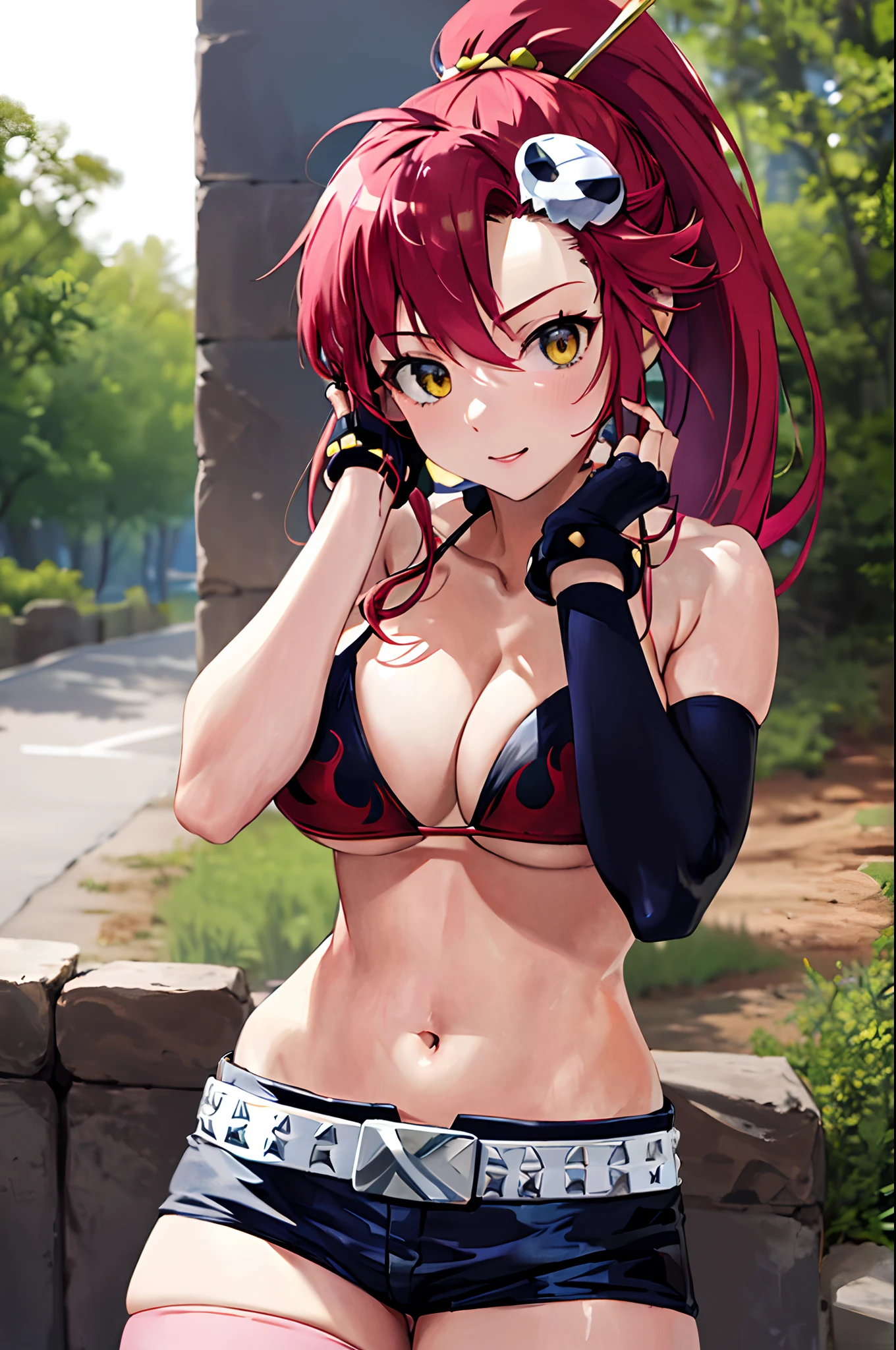 masterpiece, best quality, highres, yl1, ponytail, bikini top only, short shorts, midriff, belt, fingerless gloves, skull hair ornament, elbow gloves, pink thighhighs, cowboy shot, outdoors, both hands on head and showing arm pits, detailed high quality face, face detailed