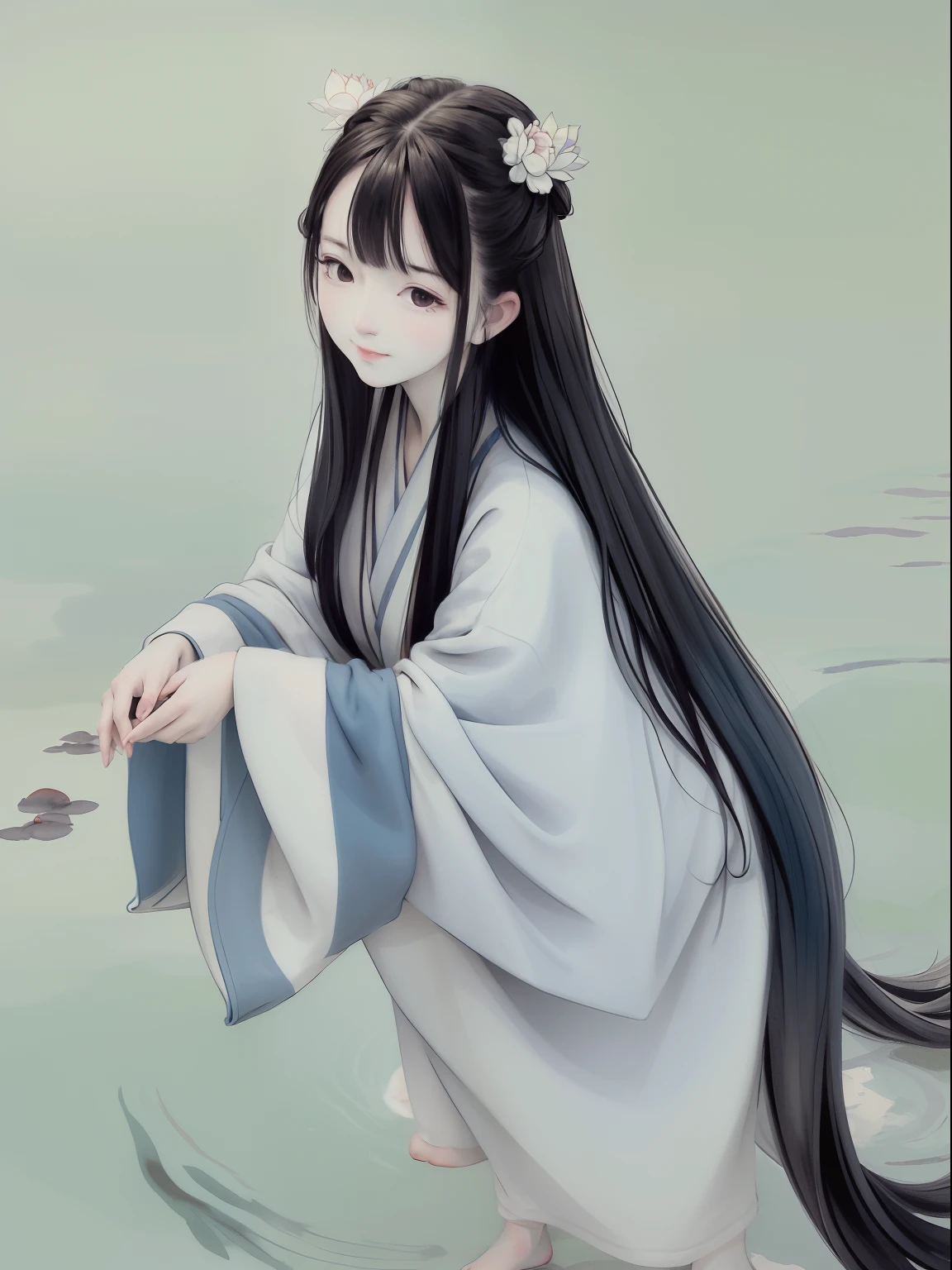 ((4k,masterpiece,best quality)), shuimobysim, traditional chinese ink painting, lotus, hanfu, maxiskit, dress conservatively
1girl, solo, long blue hair, smile, standing, feet in the water, barefoot,