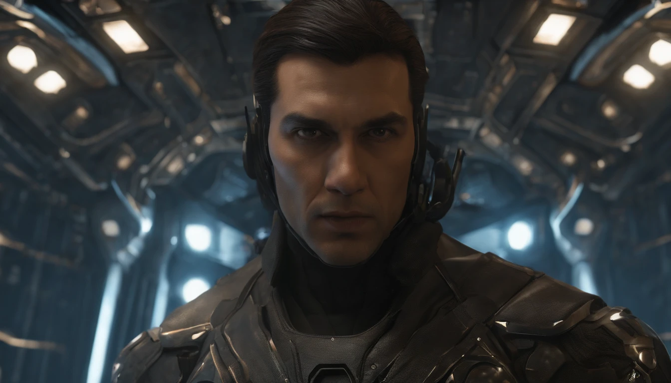 The surprised look of a man, Pointing with a finger, inside the spaceship, everyday wear, perfect details, 16 k, unreal engine 5, ultra sharp focus, intrikate, SINISTER, Epic Art Masterpiece, TanvirTamim, artstation trend, making: artgerm, h. r. giger and beksinski, highly detaild,