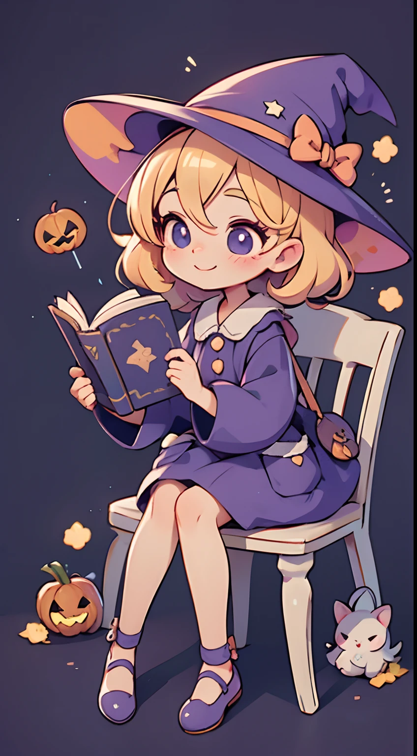 Cute Halloween Theme、full body Esbian、A smile、 The Wand and the Magic Book、Glamorous Hat、Halloween Accessories、Draw clothes buttons and pockets in a Halloween style、Cute shoes、sit a chair、bio luminescent、radiant light