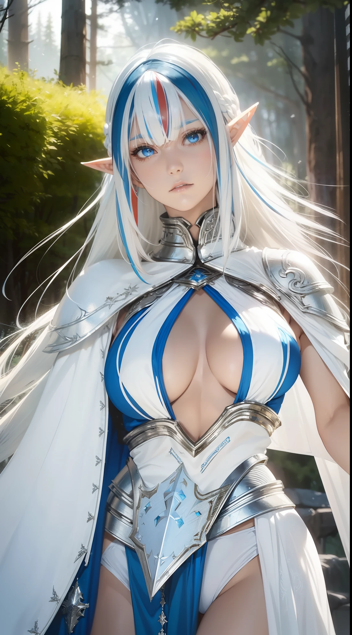 a beautiful elf, 1girl, woman, Bangs, white hair, Perfect face and eye, perfect anatomy, White Cloak, (((blue-streaked white hair))), ABS, muscle, black bikini armor, intricate silver armor, Forest, Anime style, cgsociety, dramatic, cinematic lighting, fine expression, fine detail, a digital painting by Yusuke Murata.