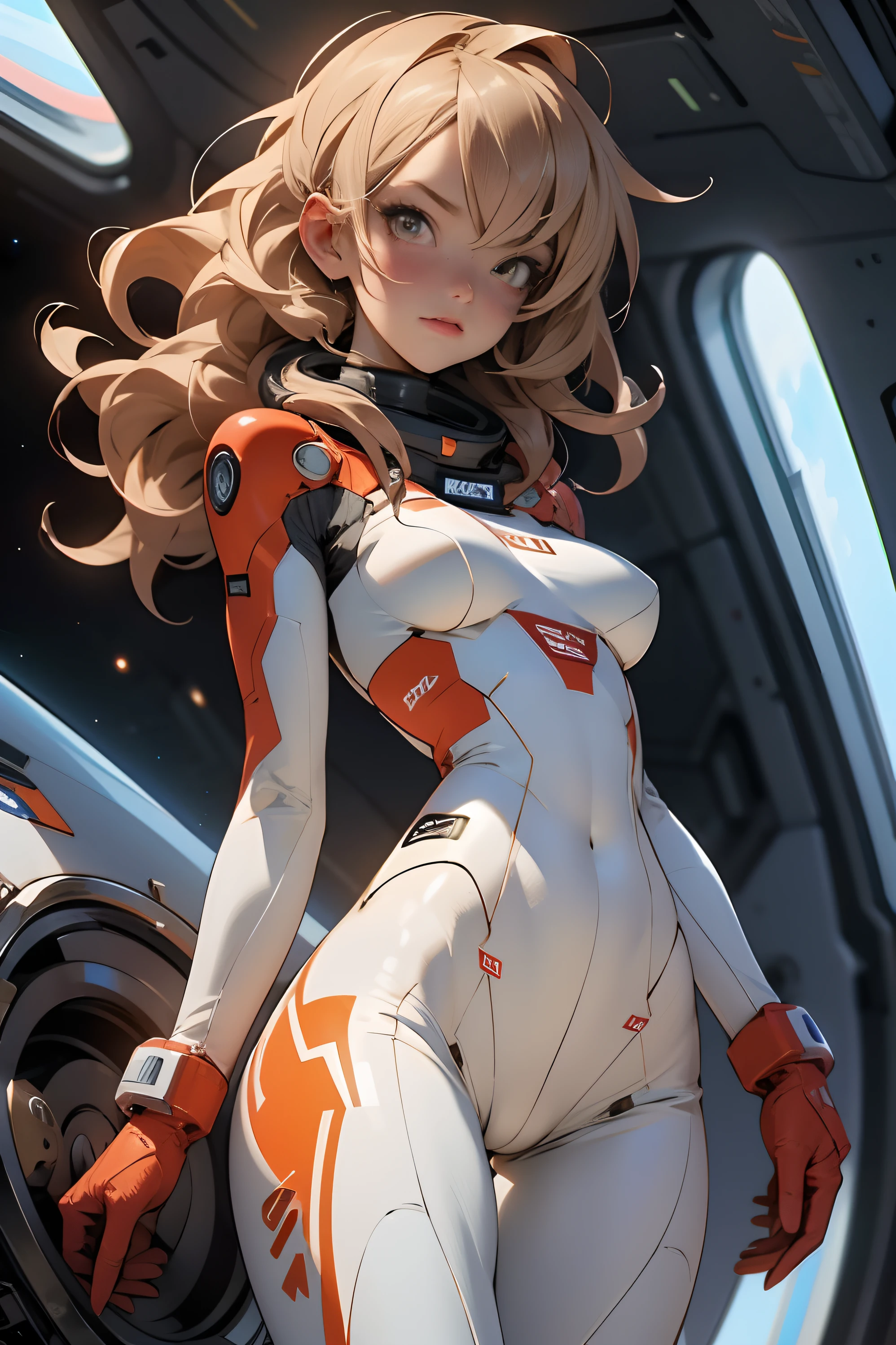 sandy hair fit body large breasts slender thighs slender waist pilot suit solo looking at viewer in space long hair blushing determination, 8k, extreme detail,