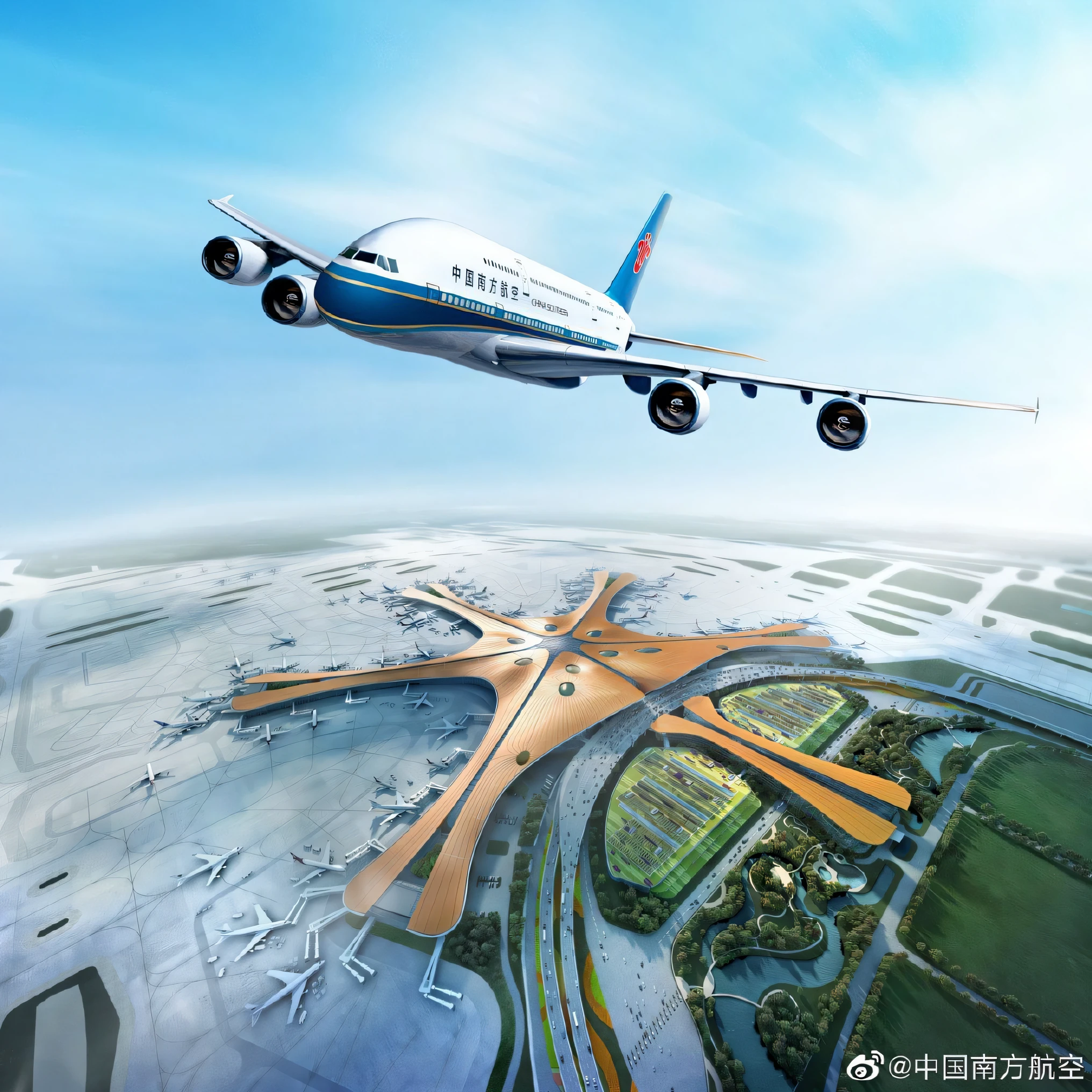 Araflane flies over a city,There is a large plane in the sky, beijing, author:Chass is silent, CG art, 🚿🗝📝, wei wang, Wu Liu, 1 0 2 4 x 7 6 8, author:Qu Leilei, by Yang J, in future airport rooftop, Boeing concept art painting, shaxi, author:Arthur Penn