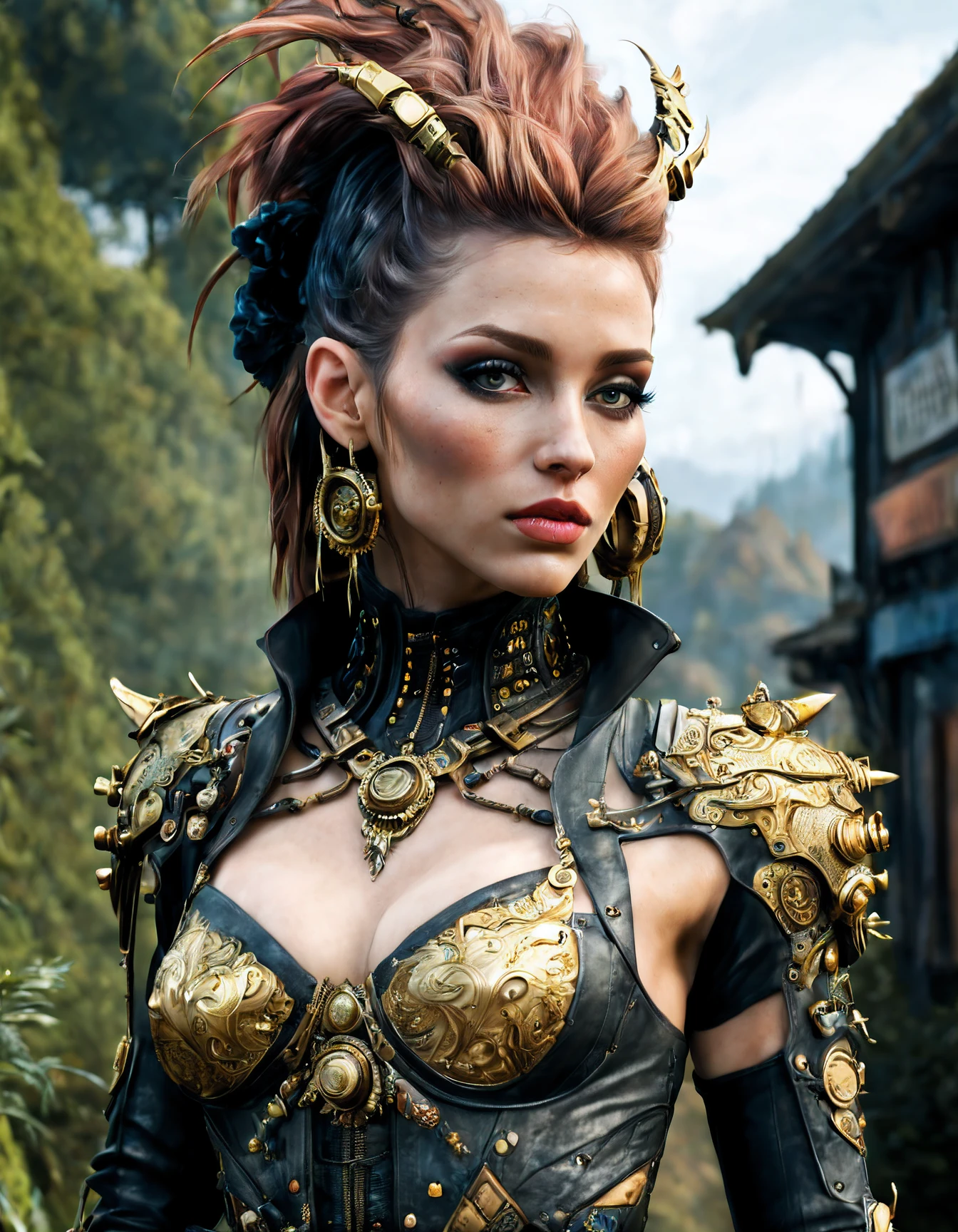 (Aetherpunk style:1.4), 8k, ultra quality , nature, pagan imagery, Steampunk girl, gold detailed, utopia, magic, neon detailed, beasts, mages, outdoors, amazing scenery, (highly detailed:1.2), (ultra realism:1.2), realistic, detailed, textured, skin, hair, eyes, by Alex Huguet, Mike Hill, Ian Spriggs, JaeCheol Park, Marek Denko,