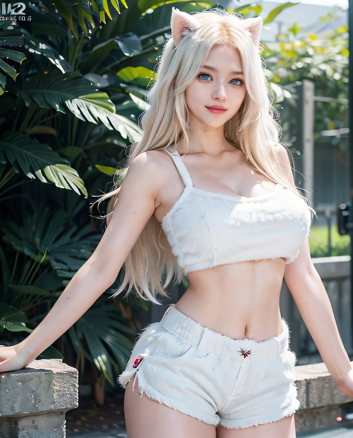 1girl, (Blue eyes), (smiling), (Sana Minatozaki), wide hips, Big Boobs, big ass, (Best Quality, 8k, Masterpiece: 1.3), perfect hands, Clear Focus: 1.2, Perfect Body Beauty: 1.4 , Slender Abs: 1.2, Highly detailed face and skin texture, detailed eyes, double eyelids, (blonde long hair), (white furry top :1.4) (white furry shorts :1.4), (kitten ears), (standing), (dynamic pose), fur trim, in a park full of colorful flowers