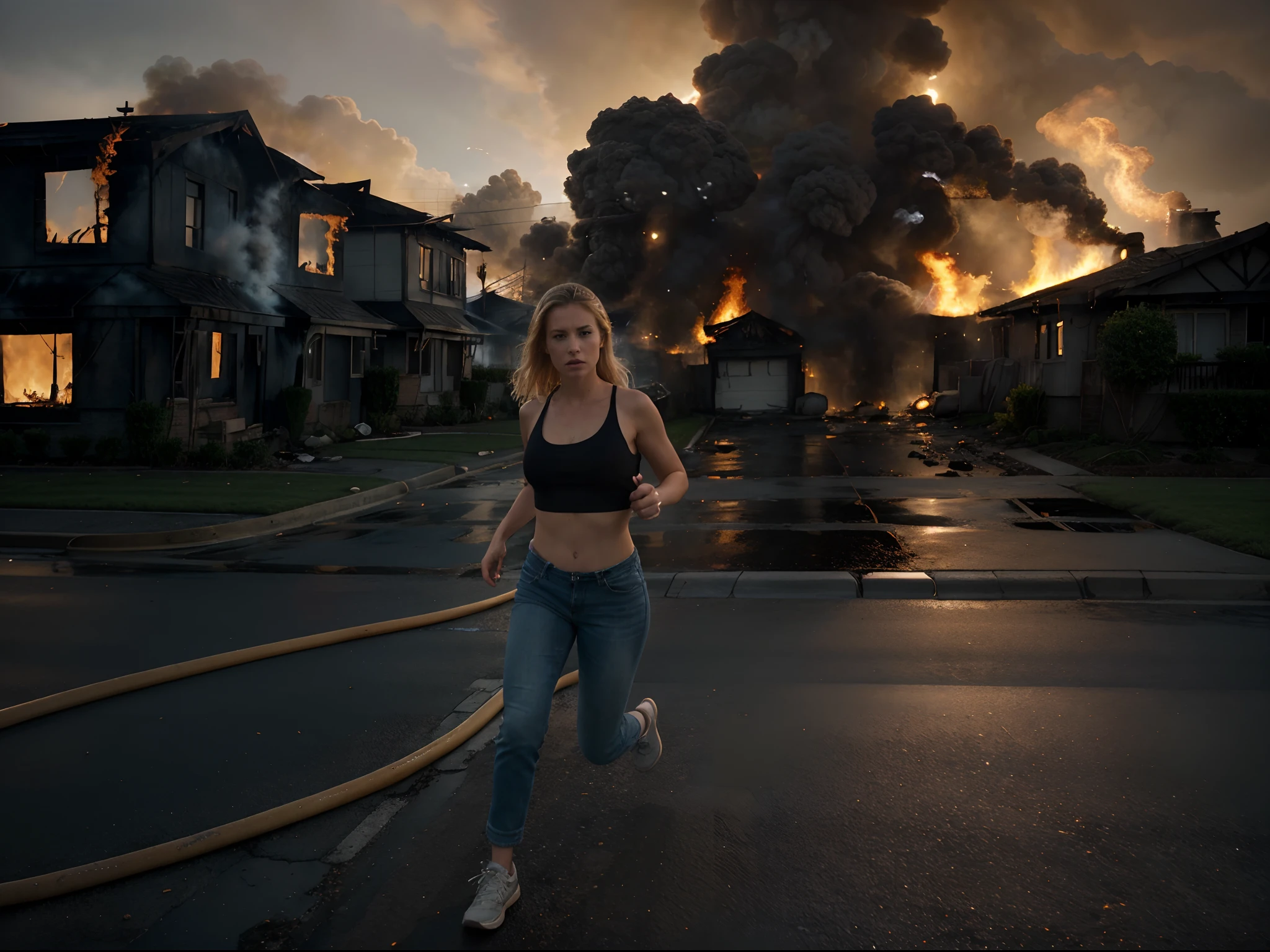 full shot, blonde woman, frightened, panic), running down a sidewalk on a suburban street, wearing blue jeans and a black tank top, a (((burning home))), (((house on fire))), (smoke), trees, sharp detail, shocked expression, stormy sky, sun breaking through the clouds, ethereal lighting, dramatic, composition, epic scale, sense of awe, ultra-high res.photorealistic:.1.4, (high detailed skin:1.2), 8k uhd, dslr, high quality, film grain, Fujifilm XT3