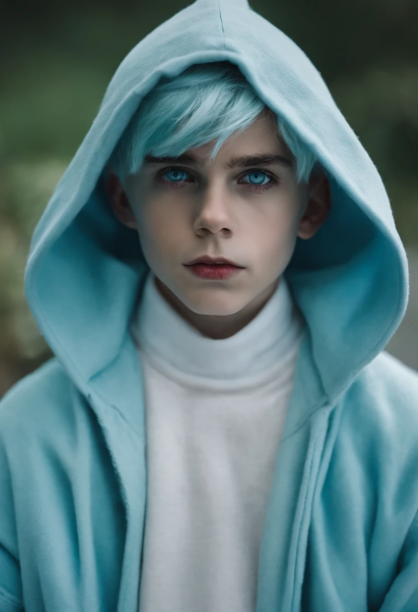 ghost face from scream outfit,full body design,boy,young,light blue hair,green and blue eyes,wearing blue outfit with white sweater with pastel blue buttons,bloody