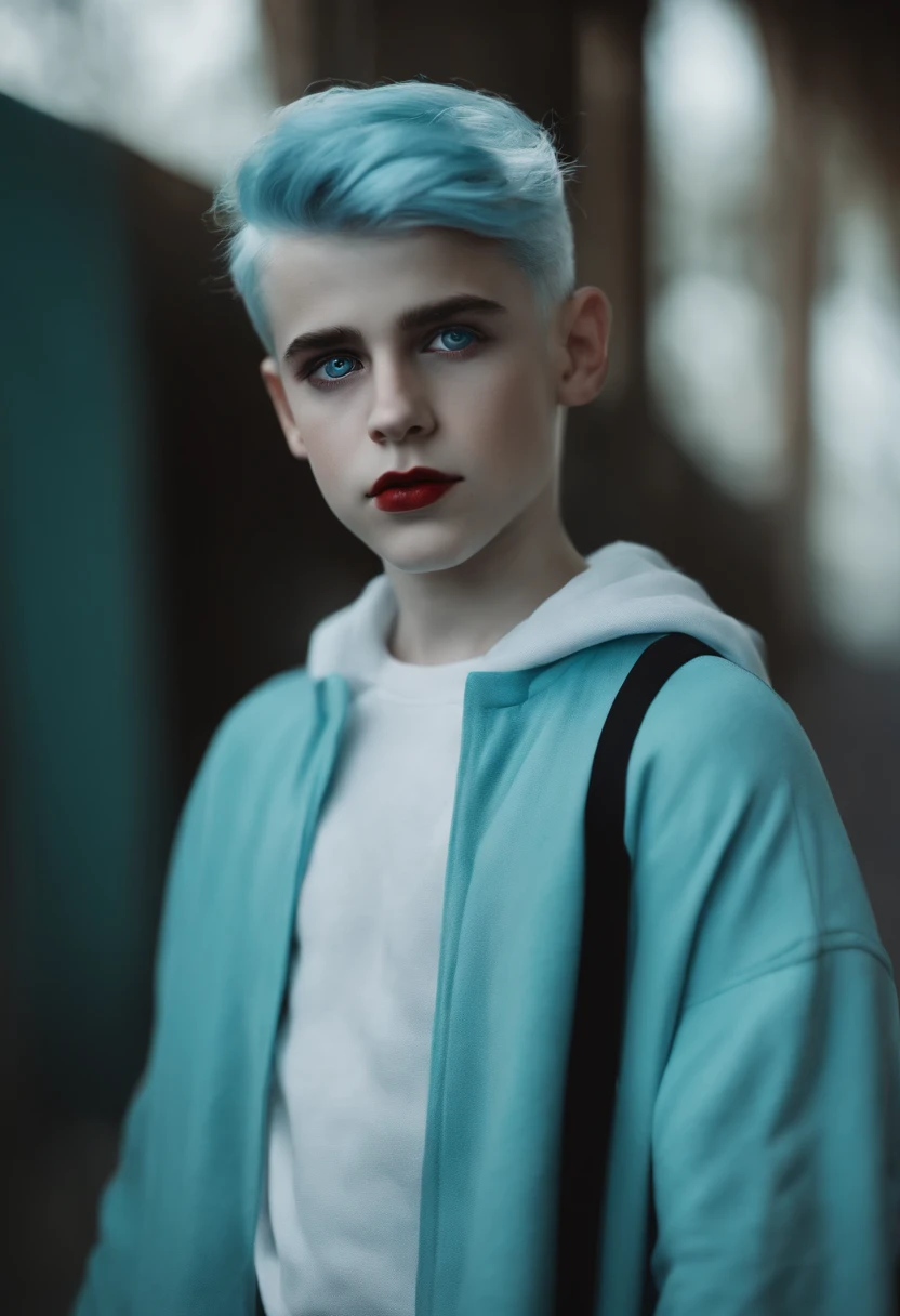 ghost face from scream outfit,full body design,boy,young,light blue hair,green and blue eyes,wearing blue outfit with white sweater with pastel blue buttons,bloody