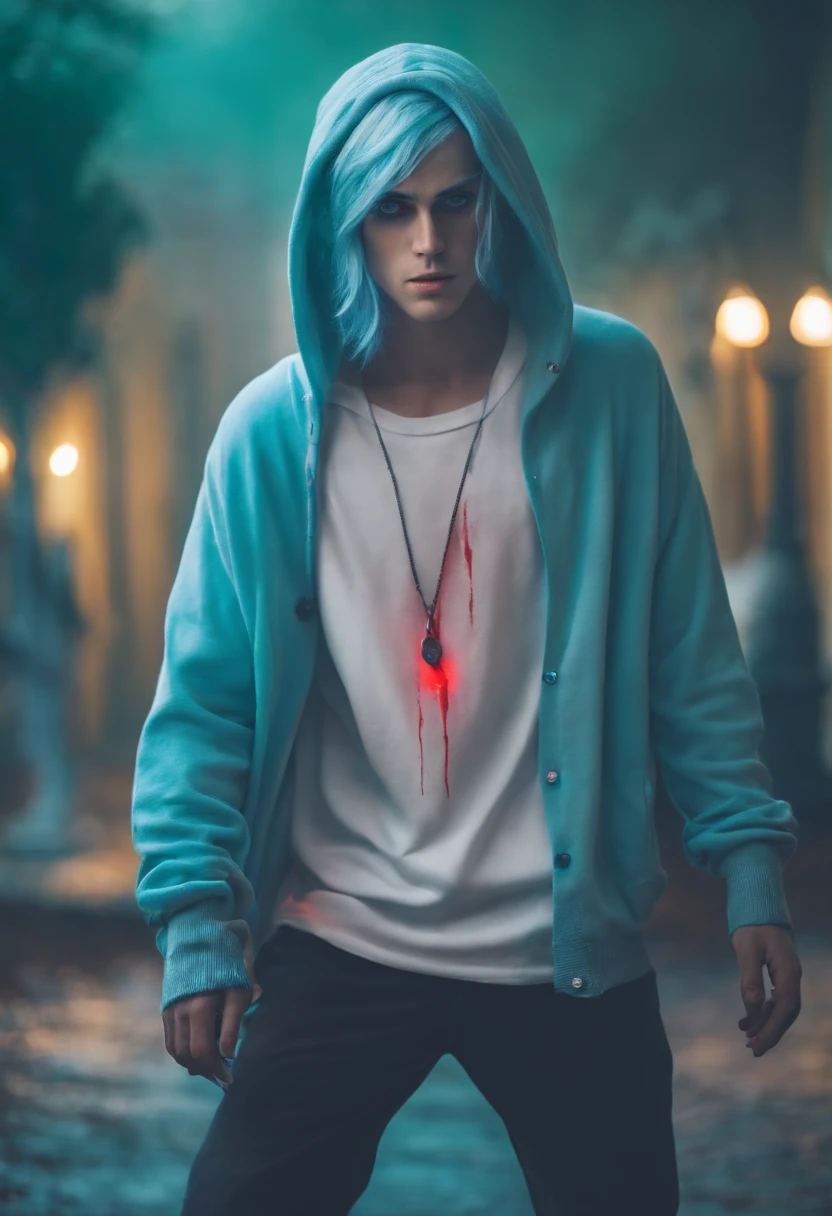 ghost face from scream outfit,full body design,boy,young,light blue hair,green and blue eyes,wearing blue outfit with white sweater with pastel blue buttons,bloody