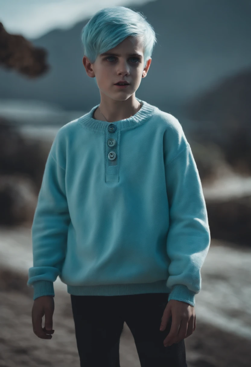 ghost face from scream outfit,full body design,boy,young,light blue hair,green and blue eyes,wearing blue outfit with white sweater with pastel blue buttons,bloody
