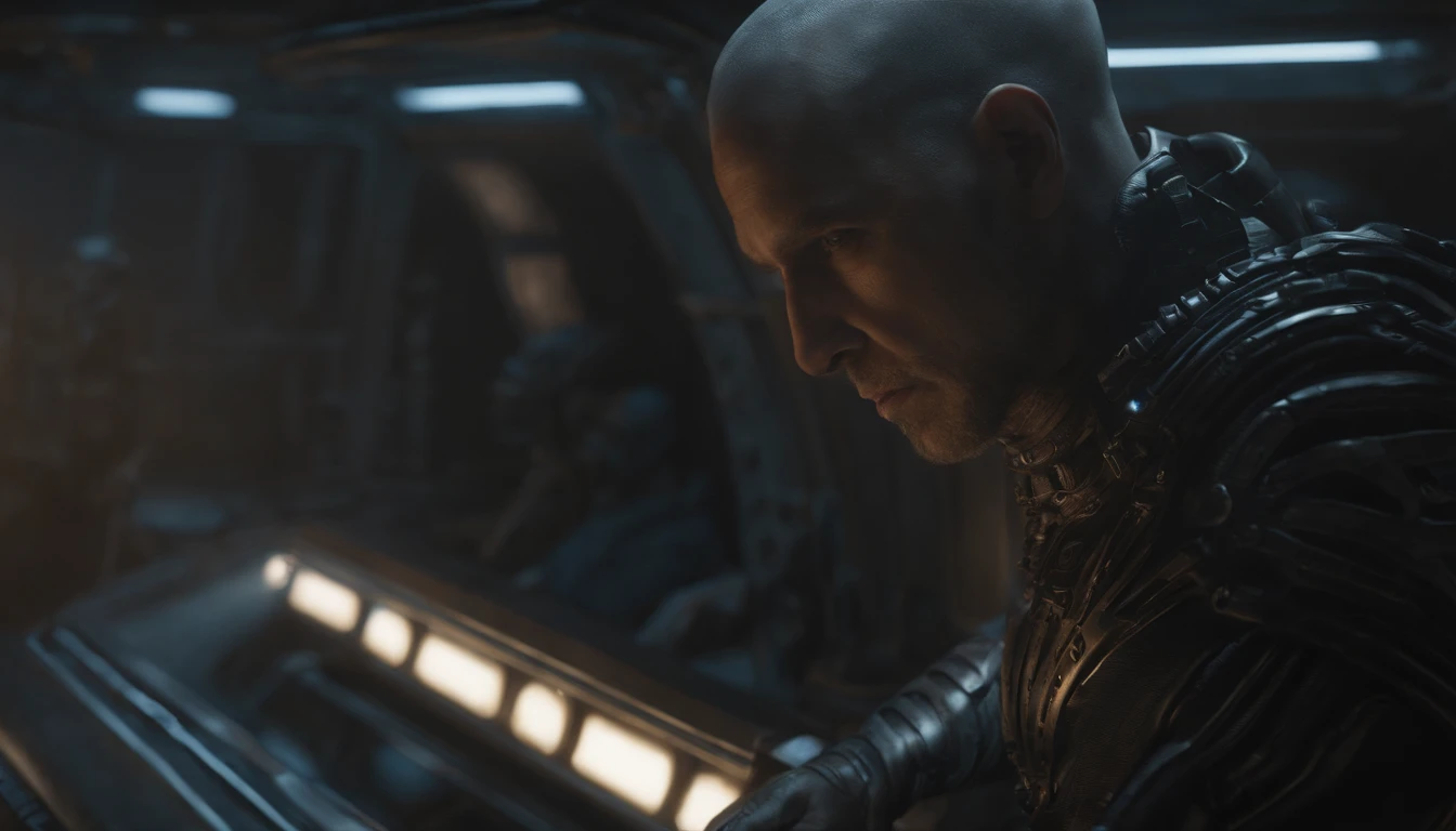 The surprised look of a man, Pointing with a finger, inside the spaceship, everyday wear, perfect details, 16 k, unreal engine 5, ultra sharp focus, intrikate, SINISTER, Epic Art Masterpiece, TanvirTamim, artstation trend, making: artgerm, h. r. giger and beksinski, highly detaild,