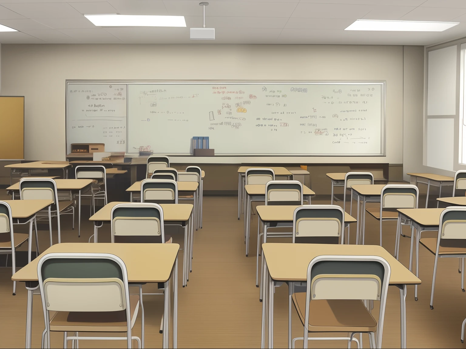 there are many desks and chairs in this classroom with a white board, school classroom, classroom, in a classroom, in a school classroom, photo of a classroom, classroom in background, typical anime classroom, classroom background, sitting in the classroom, inside elementary school, school class, student, teacher, standing in class, full subject shown in photo, completely empty, desks