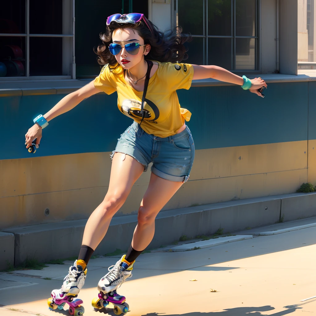 Pin up bumble bee with dark hair sun glasses with roller skates roller skating modern