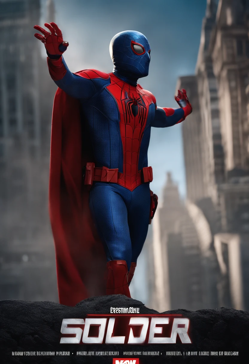 Oscar Isaac como o Homem-Aranha 2099, the futuristic version of Peter Parker, Miguel O'Hara, da hq de 1992. His costume is blue and with a skull spider on the red vor and details on the arms such as a claw similar to Batman's but being in two and following the red free that stops at the top of the hand like an arrow.