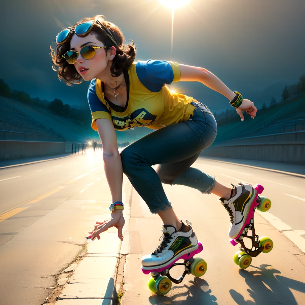Pin up bumble bee with dark hair sun glasses with roller skates  roller skating modern