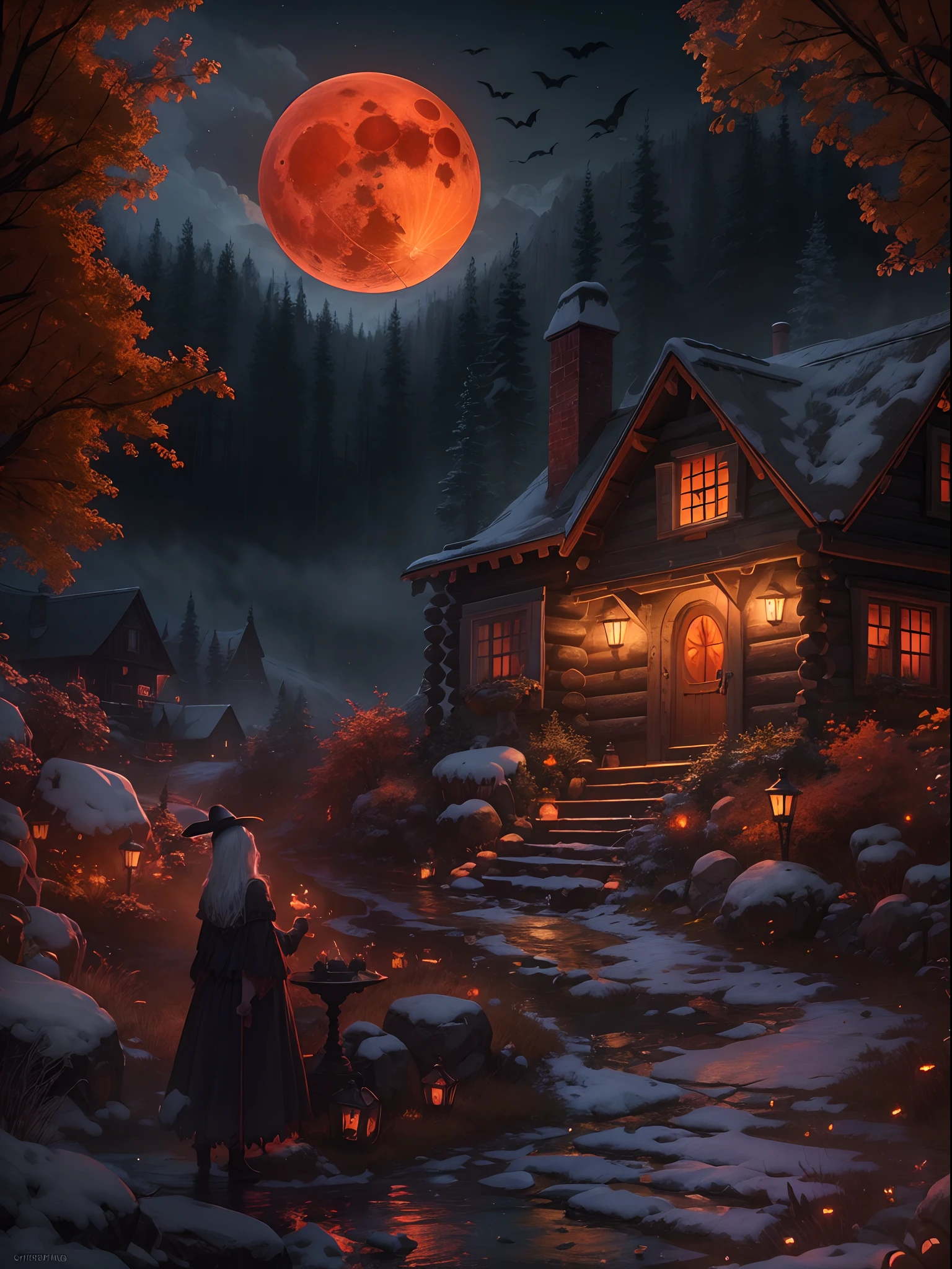 Best quality, masterpiece collection, Mountain cabin, Halloween night, witch enjoying Halloween event, blood moon, cabin on mountain, horror night view, terrifying enjoying moments of  witch, small water fountain at mountain cabin, ultra detailed art, super detailed, semi-realistic detailed, 24K Ultra high definition resolution, glowing and shining lit effects, rendered by octane