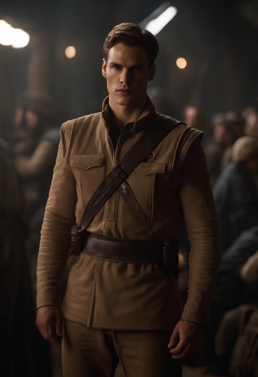 Ator que faz o papel de Kai Parker em The Vampire Diaries, Chris Wood com semblante na faixa dos 20 anos, cabelos castanhos cortados bem curtos, estilo militar, ultrarrealista HD fotorrealista altamente renderizado. Roupa do personagem Starkiller do universo de Star Wars