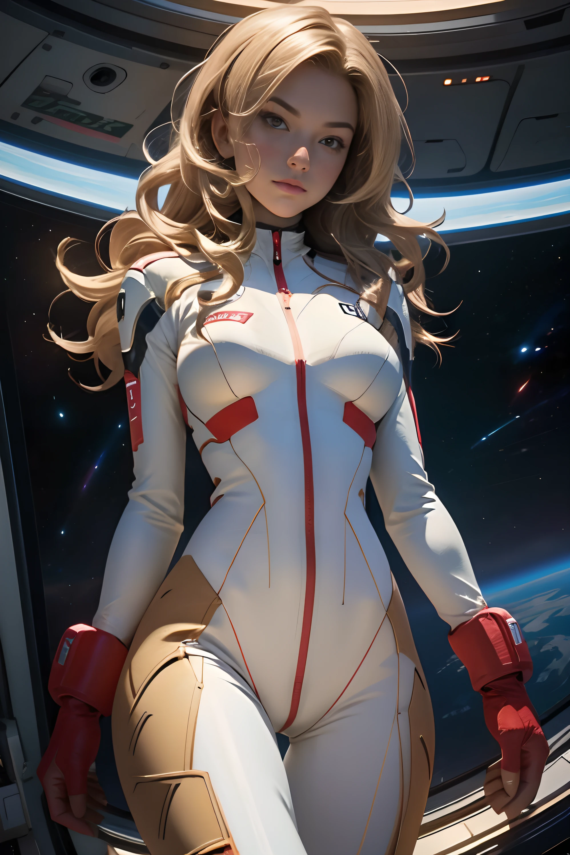 sandy hair fit body large breasts slender thighs slender waist pilot suit solo looking at viewer in space long hair blushing determination, 8k, extreme detail,