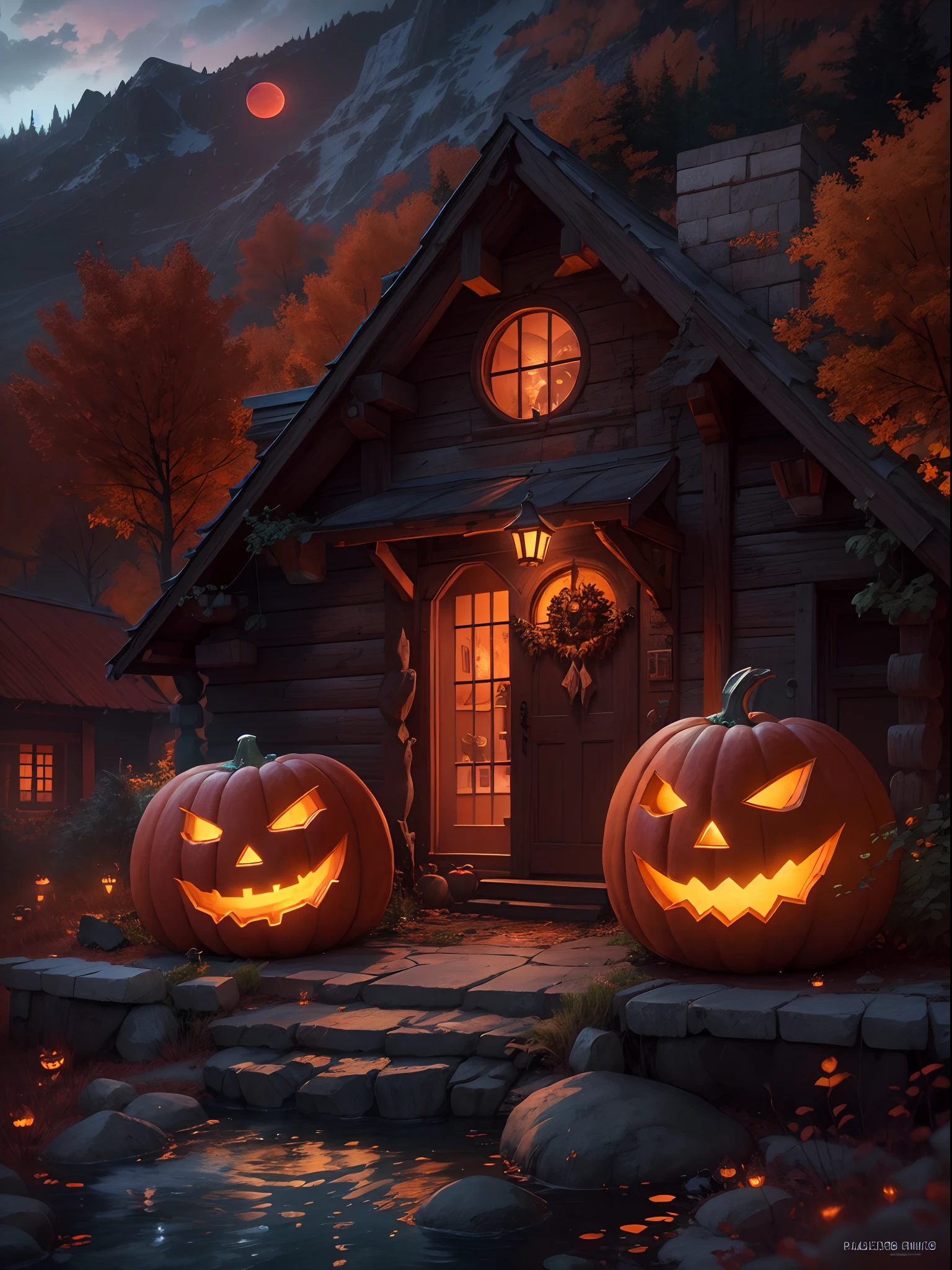 Best quality, masterpiece collection, Mountain cabin, Halloween night, witch enjoying Halloween event, blood moon, cabin on mountain, horror night view, terrifying enjoying moments of witch, small water fountain at mountain cabin, ultra detailed art, super detailed, semi-realistic detailed, 24K Ultra high definition resolution, glowing and shining lit effects, rendered by octane