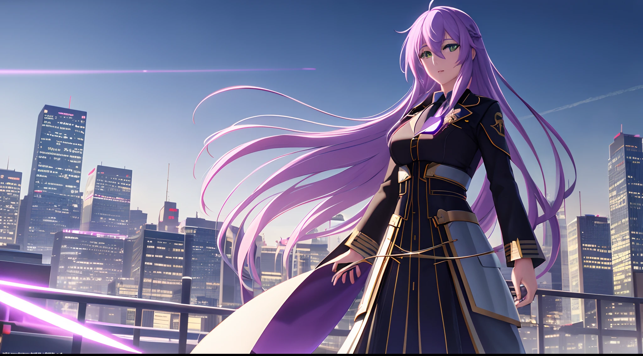 Athena with plain long light purple hair,hair between eyes,green eyes,rosy cheeks,full lips,thin eyebrows,slender body,wearing black coat necktie and full long skirt,cute anime girl,full body,futuristic city rooftop in background,anime style,Lumen Reflections,Screen Space Reflections,Diffraction Grading,Chromatic Aberration,GB Displacement,Scan Lines,Ray Traced,Anti-Aliasing,FXAA,TXAA,RTX,SSAO,Shaders,OpenGL-Shaders, GLSL-Shaders,Post Processing,Post-Production,cell Shading,Tone Mapping,CGI,VFX,SFX,insanely detailed and intricate, 4K,standing, solo, masterpiece, best quality, detailed face, detailed eyes, highres, standing, solo,masterpiece, best quality