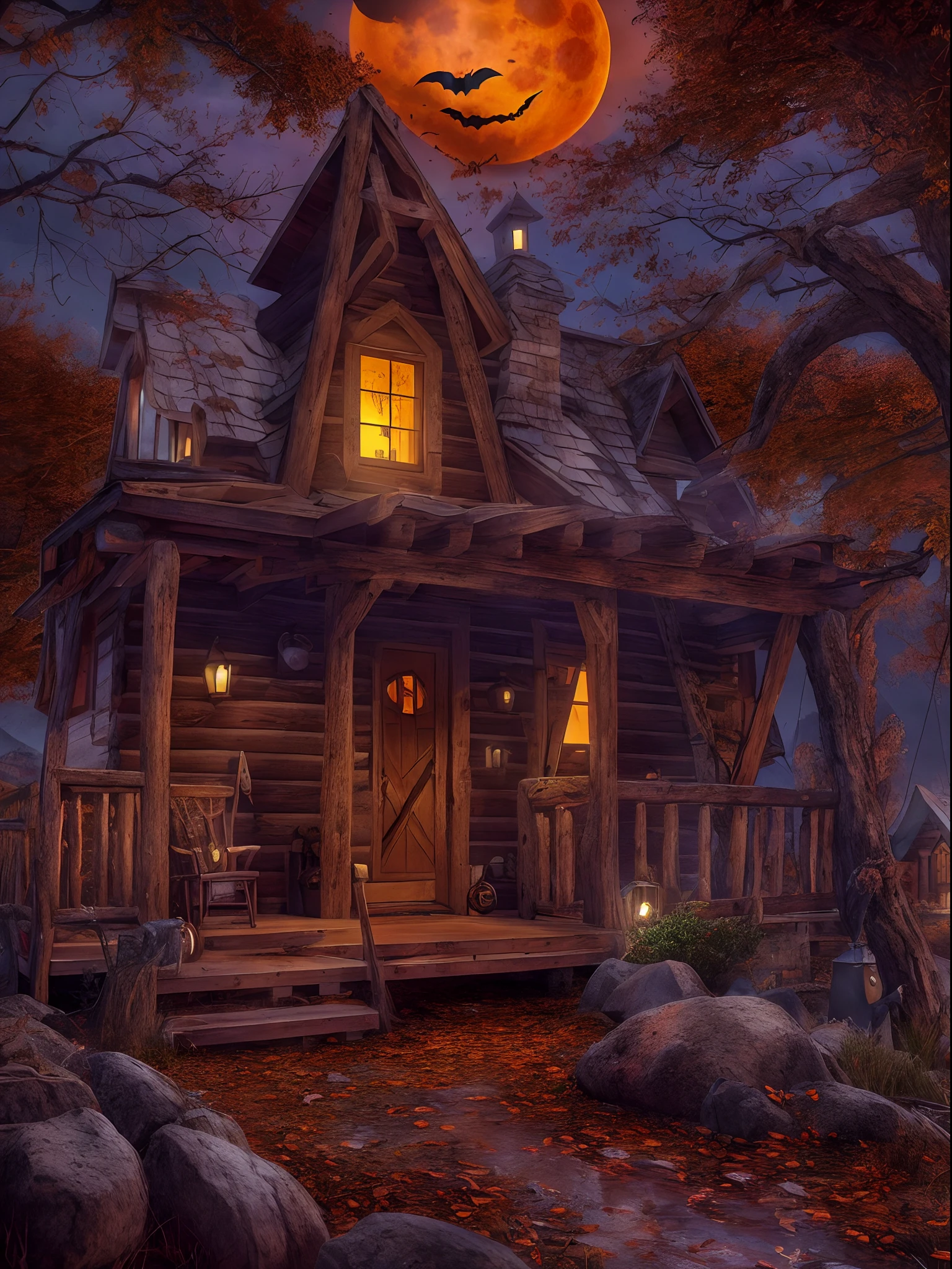 Best quality, masterpiece collection, Mountain cabin, Halloween night, witch enjoying Halloween event, blood moon, cabin on mountain, horror night view, terrifying enjoying moments of  witch, small water fountain at mountain cabin, ultra detailed art, super detailed, semi-realistic detailed, 24K Ultra high definition resolution, glowing and shining lit effects, rendered by octane